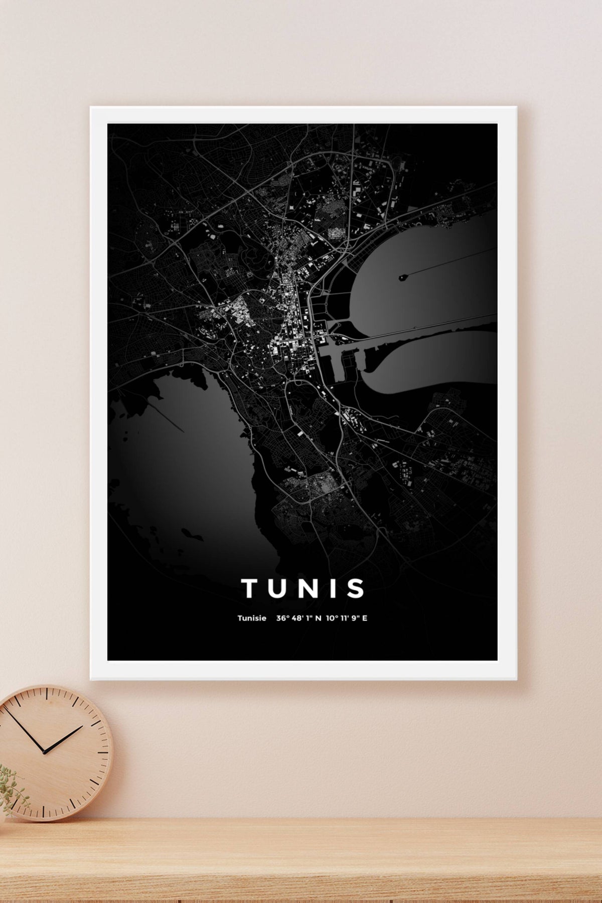 Carte de Tunis nuit - Affiche personnalisée