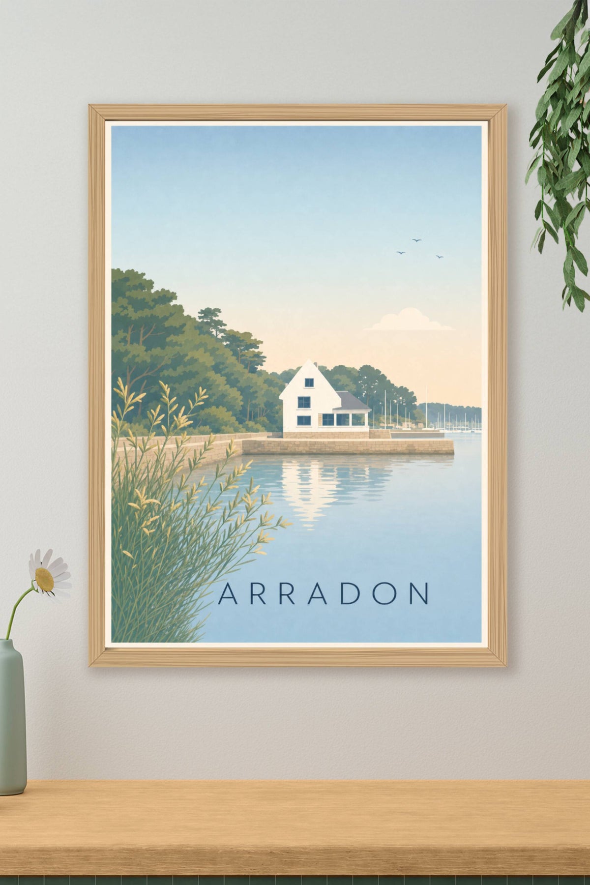 Affiche d'Arradon, poster maison rose du port