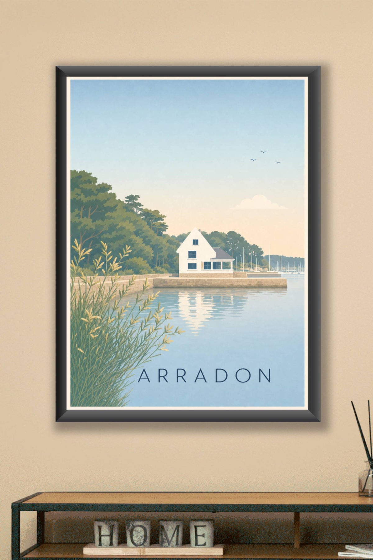 Affiche d'Arradon, poster maison rose du port