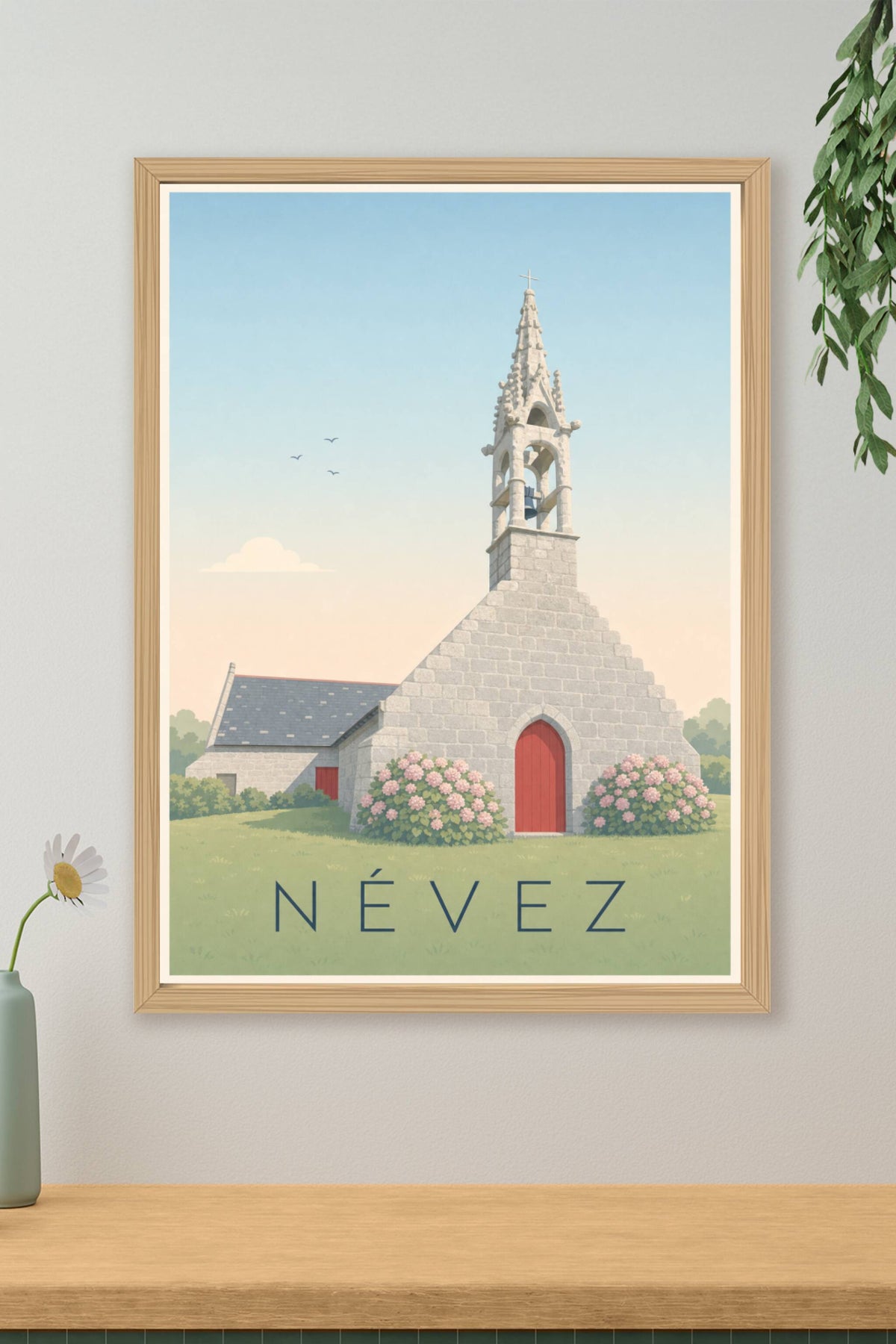 Affiche de Névez, poster chapelle et hortensias