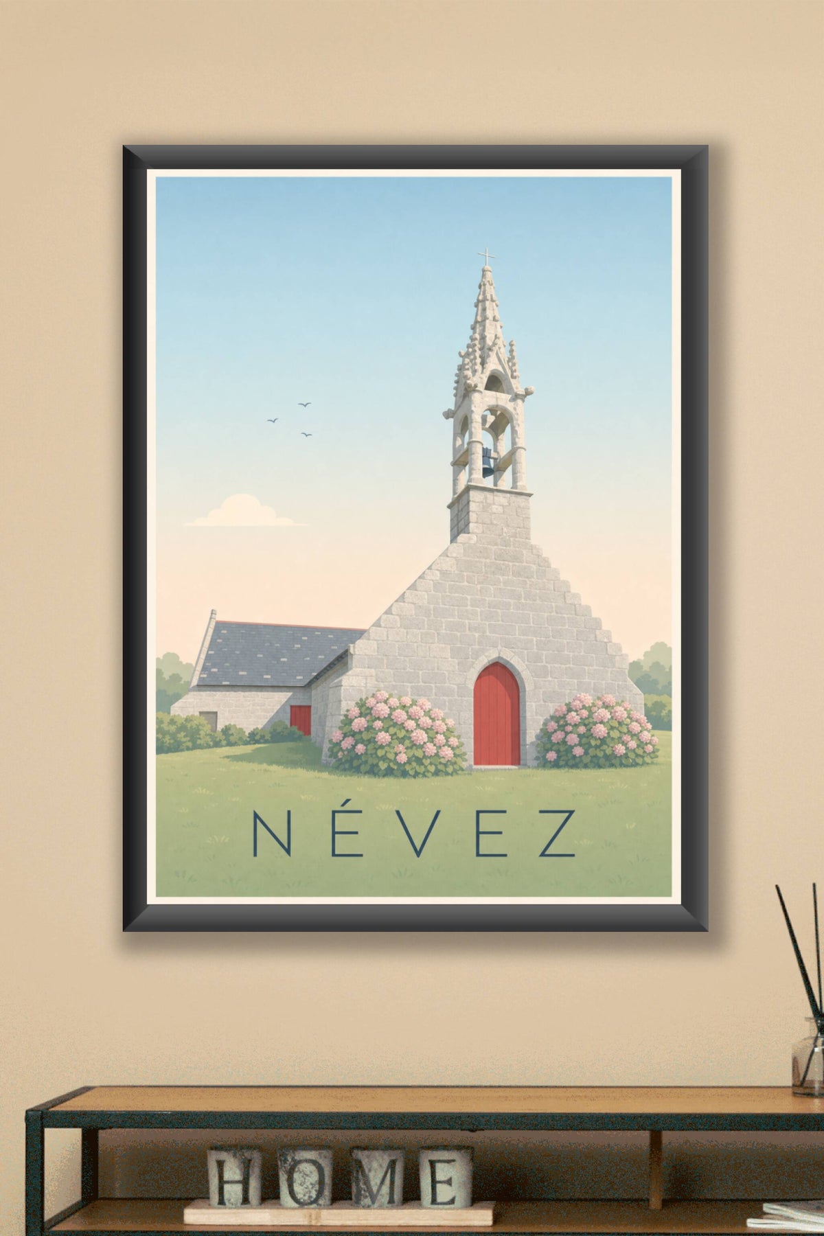 Affiche de Névez, poster chapelle et hortensias