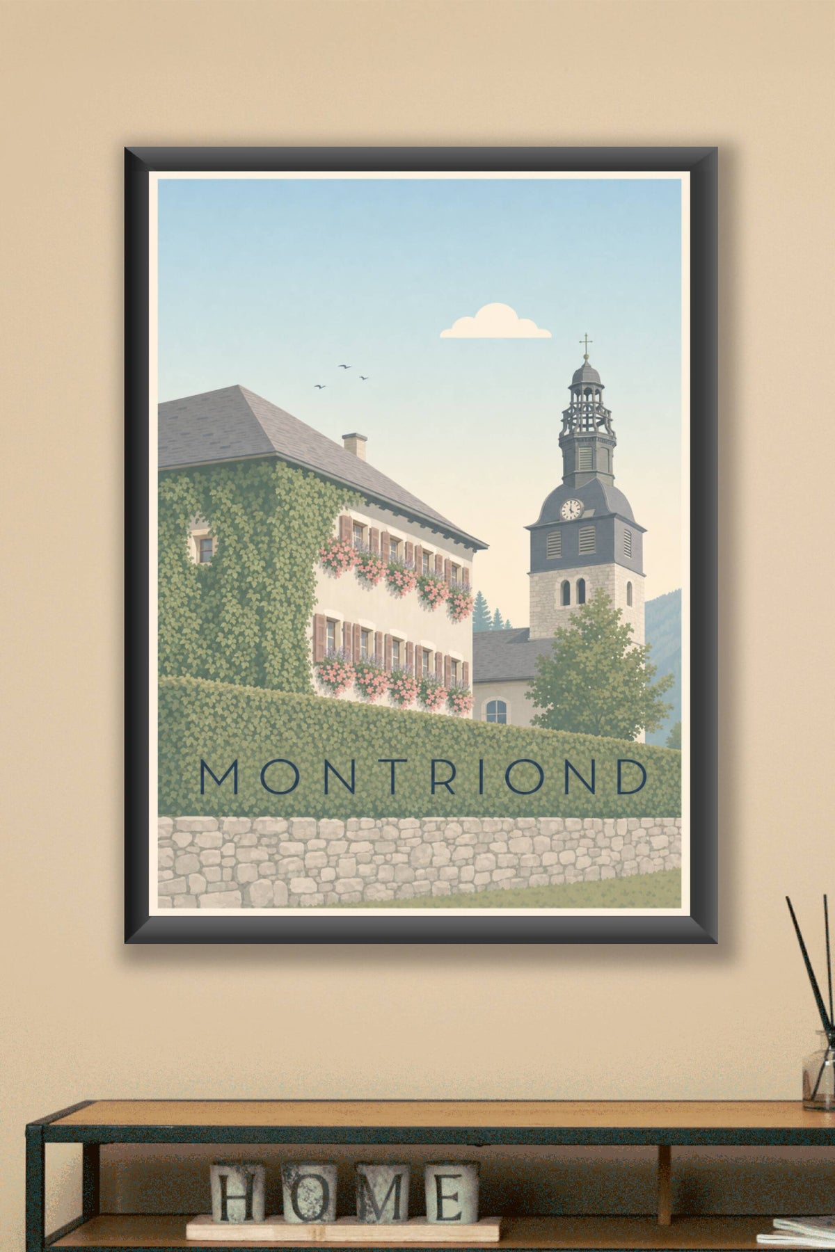 Affiche de Montriond, clocher à bulbe vintage
