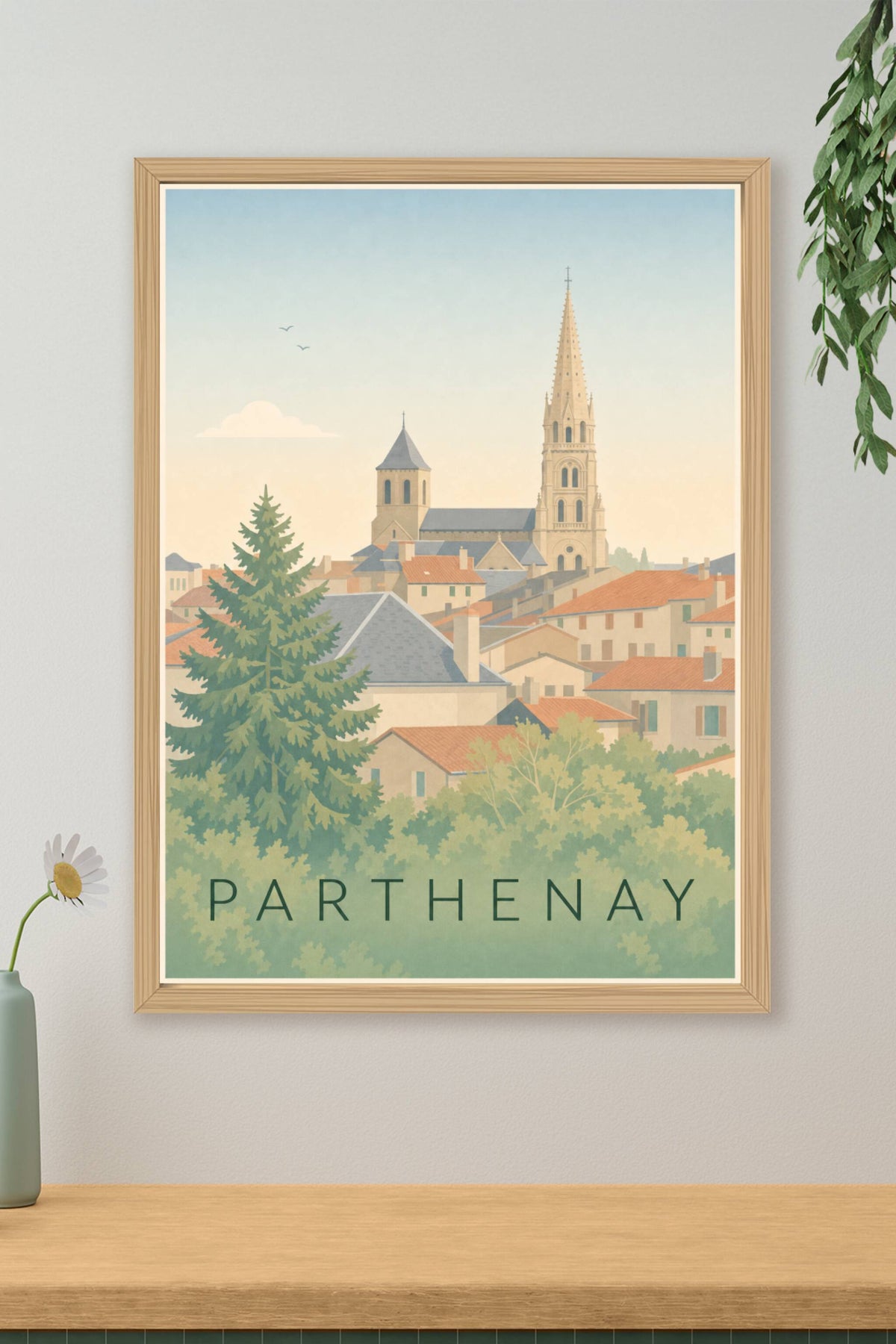 Affiche de Parthenay, poster église et toits