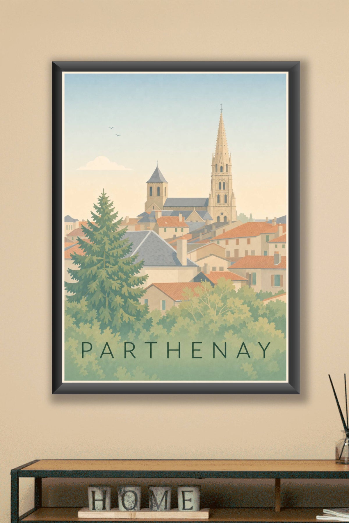 Affiche de Parthenay, poster église et toits