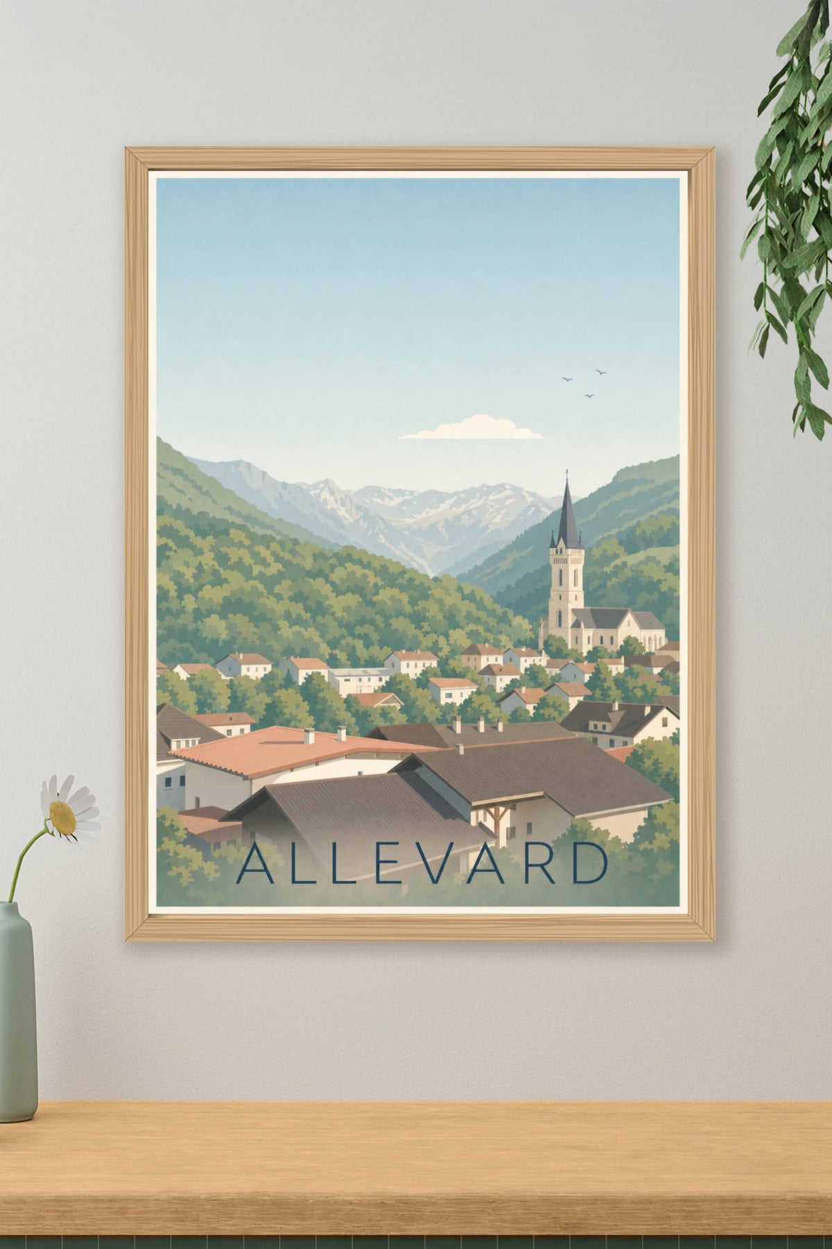 Affiche d'Allevard, poster clocher et Alpes