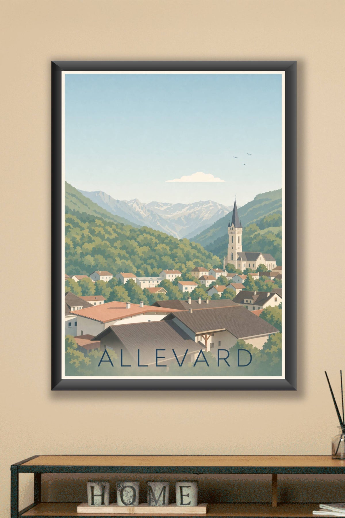 Affiche d'Allevard, poster clocher et Alpes