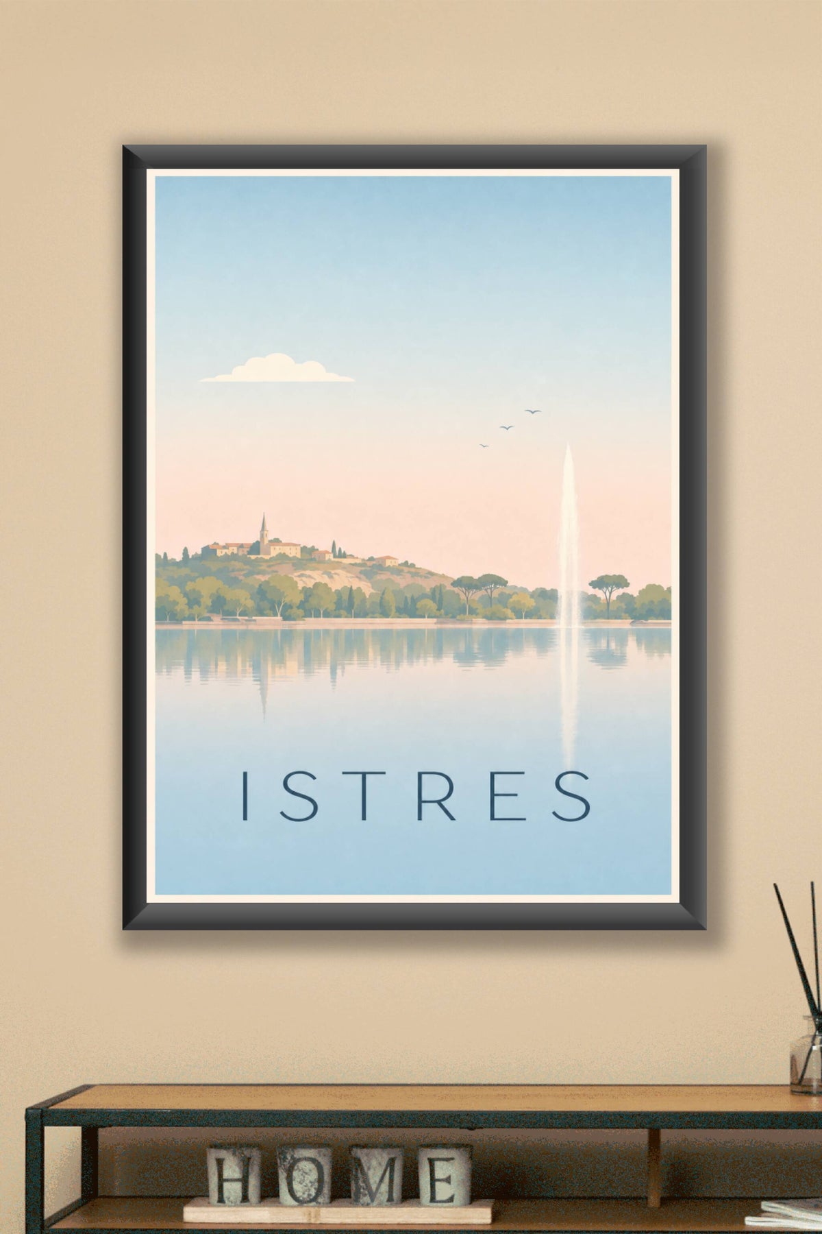 Affiche d'Istres, poster jet d'eau sur l'étang