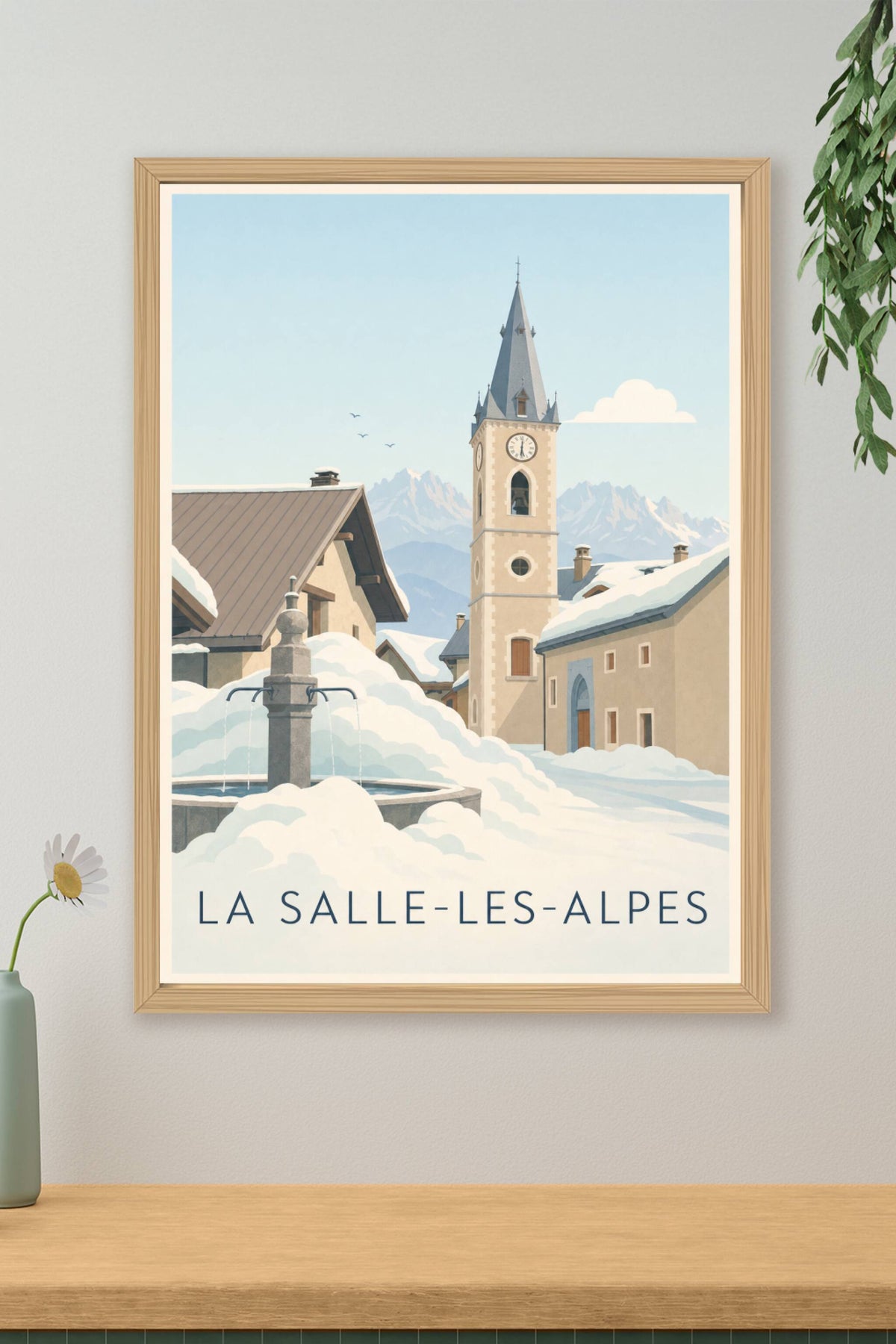Affiche La Salle-les-Alpes, poster clocher et montagne
