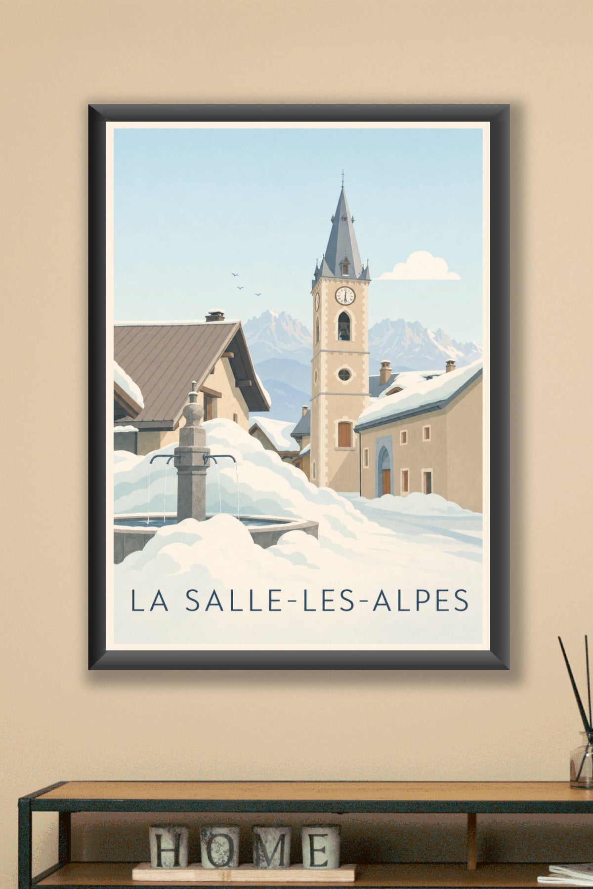 Affiche La Salle-les-Alpes, poster clocher et montagne