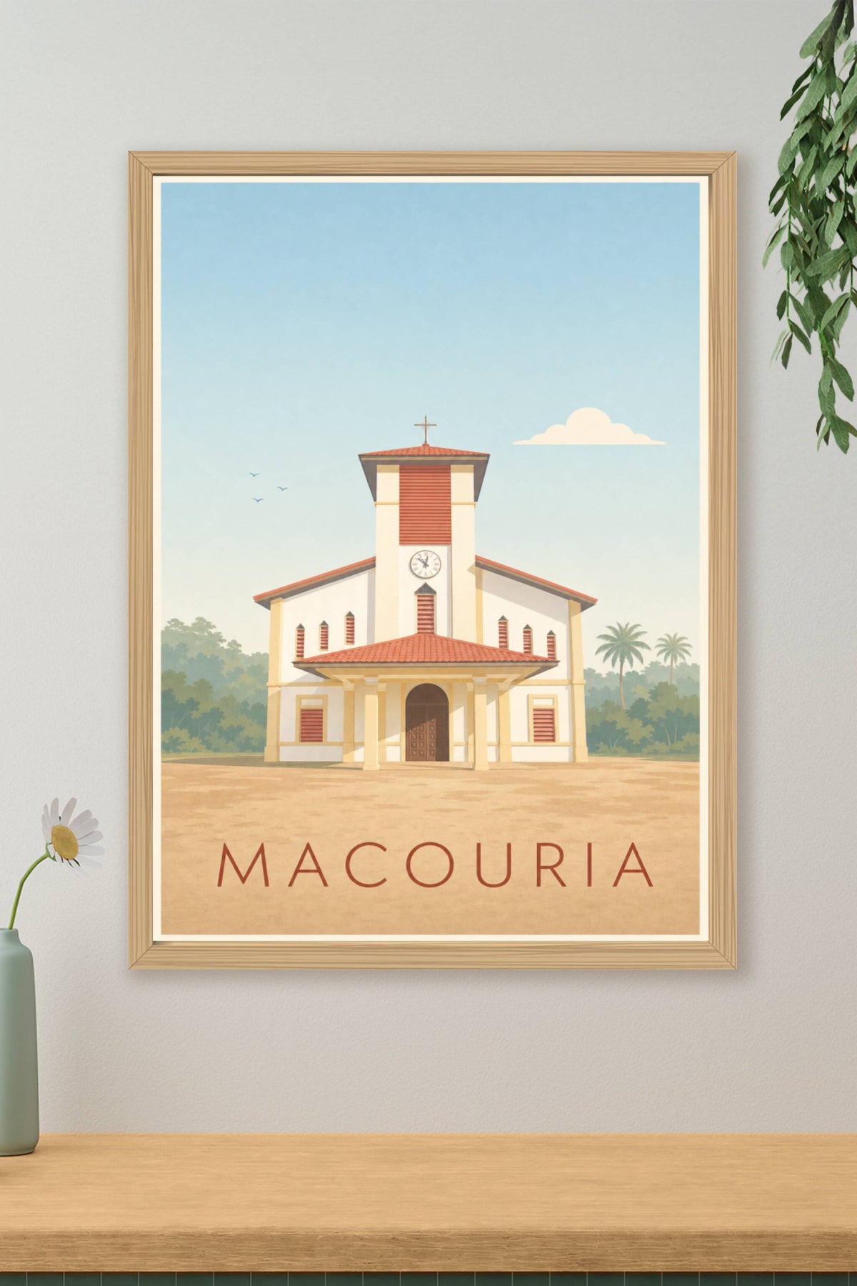 Affiche de Macouria, poster église et palmiers