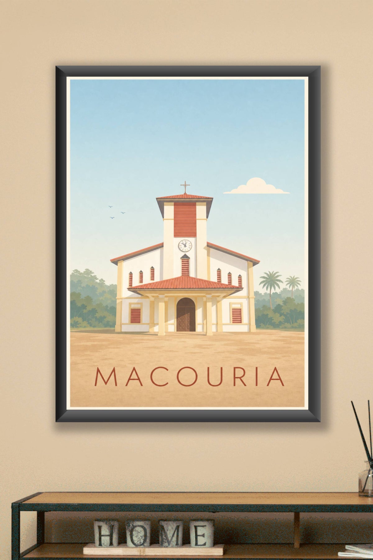 Affiche de Macouria, poster église et palmiers