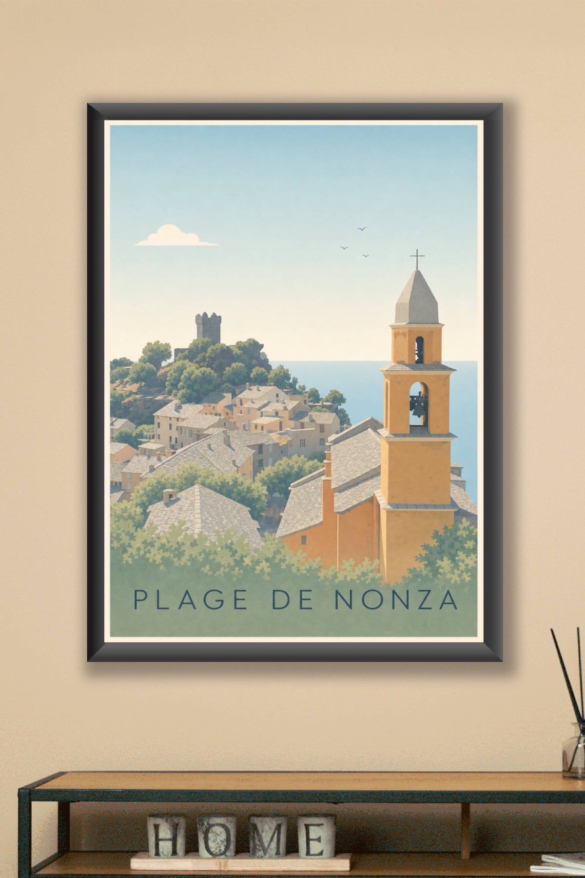 Affiche de la Plage de Nonza, poster village corse