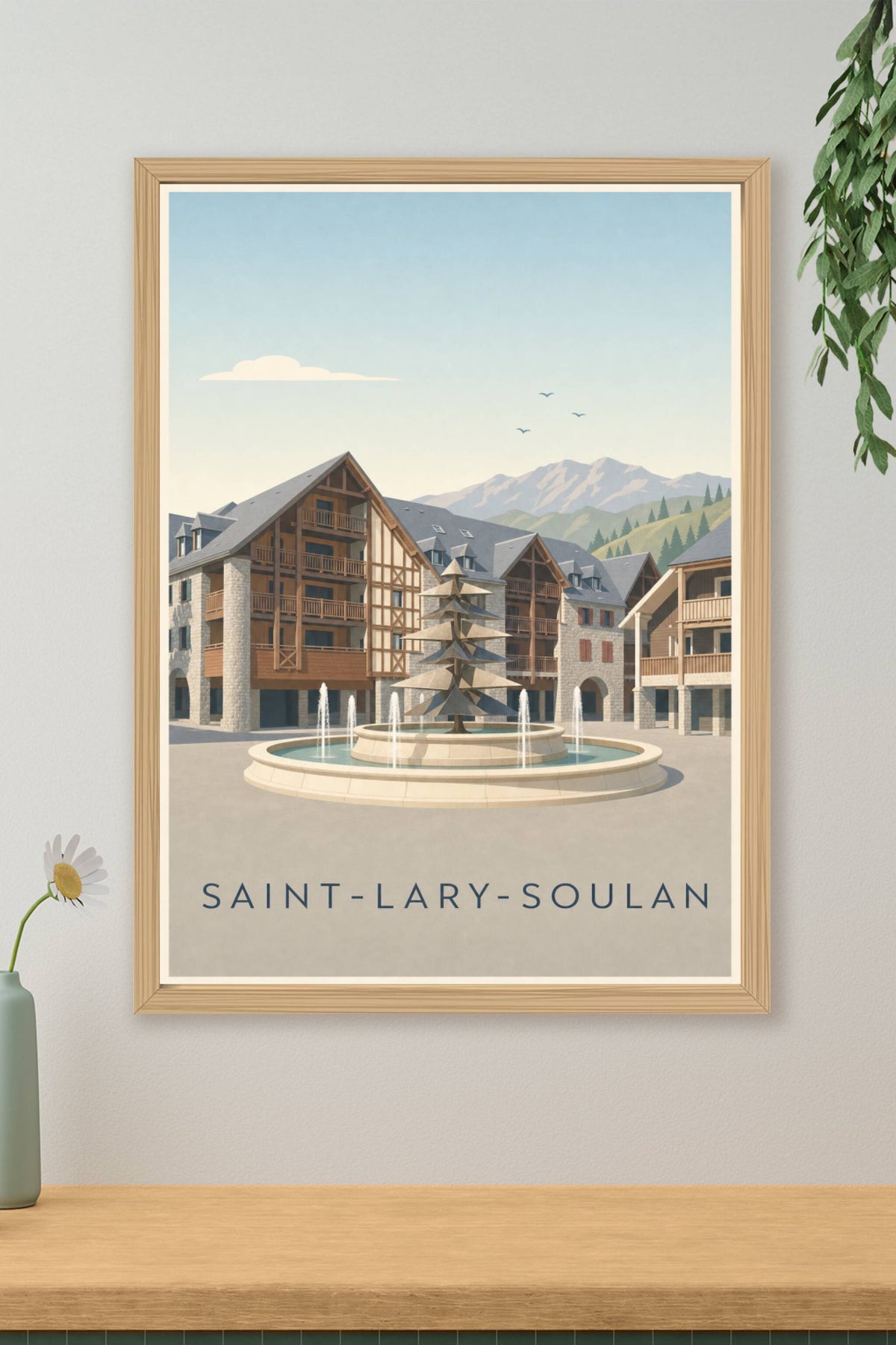 Affiche de Saint-Lary-Soulan, poster fontaine et chalets
