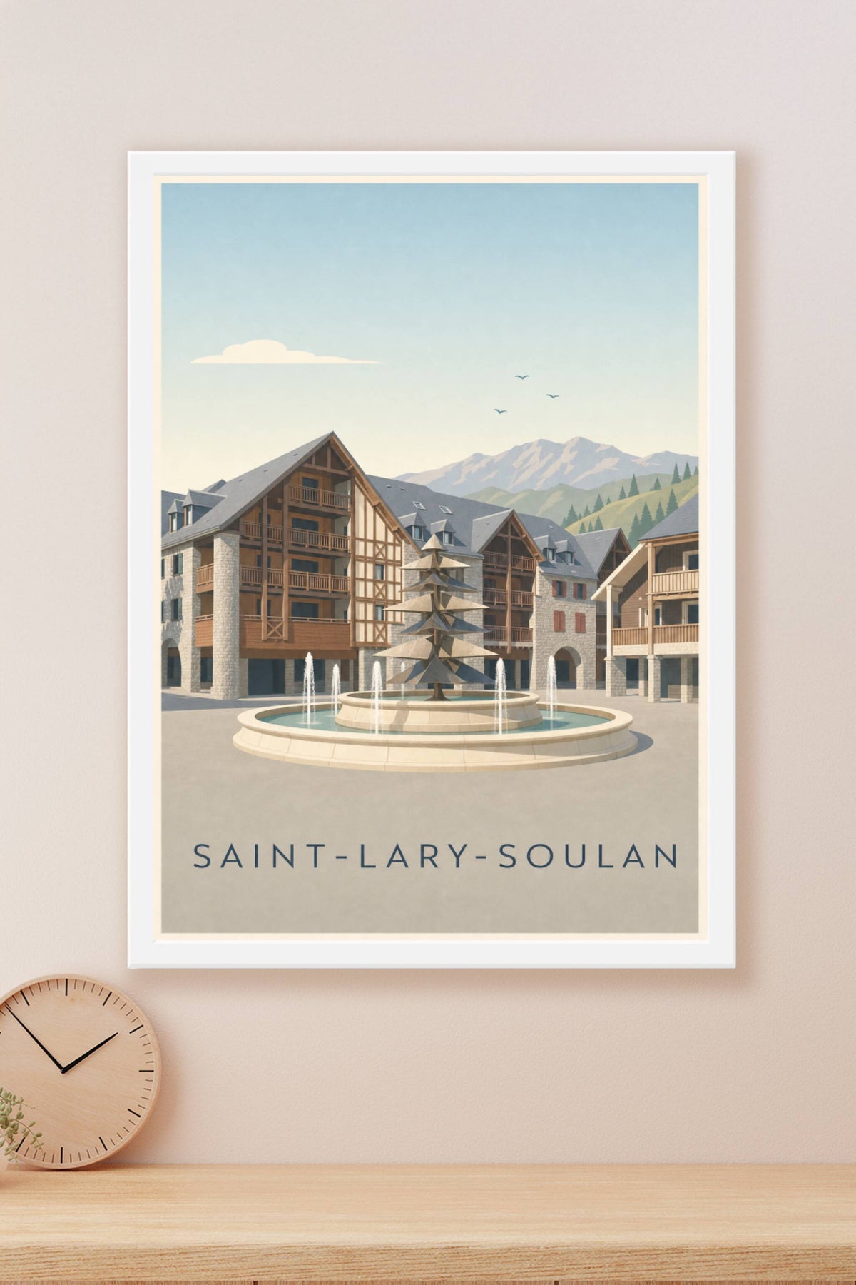 Affiche de Saint-Lary-Soulan, poster fontaine et chalets