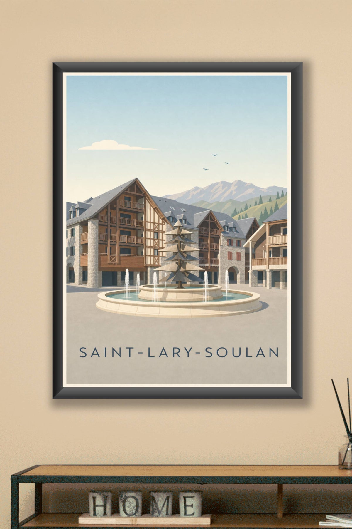 Affiche de Saint-Lary-Soulan, poster fontaine et chalets
