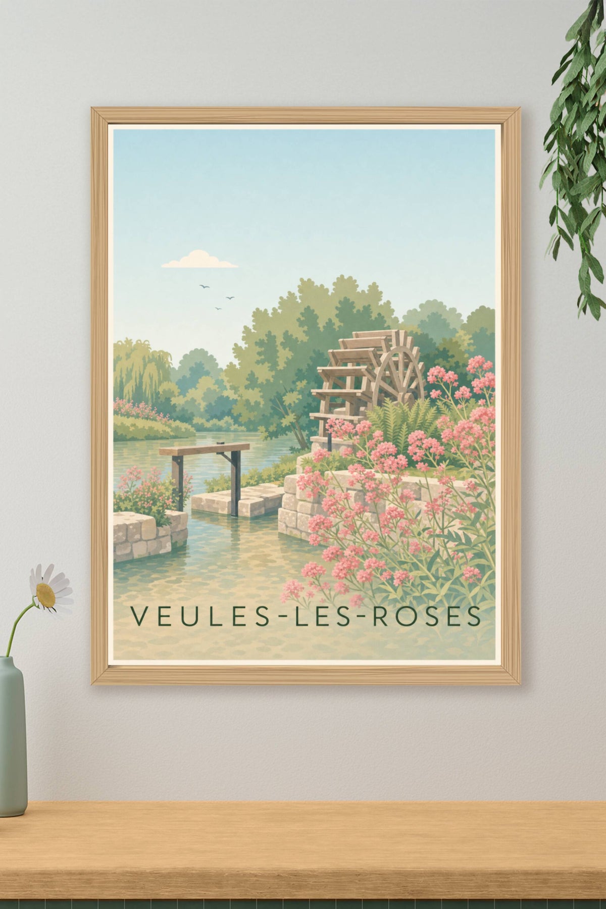 Affiche de Veules-les-Roses, poster moulin et fleurs