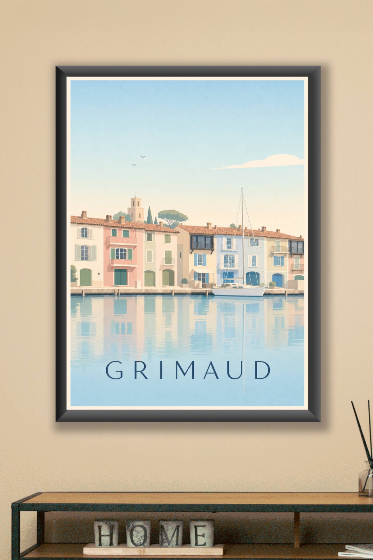 Affiche de Grimaud, poster maisons colorées
