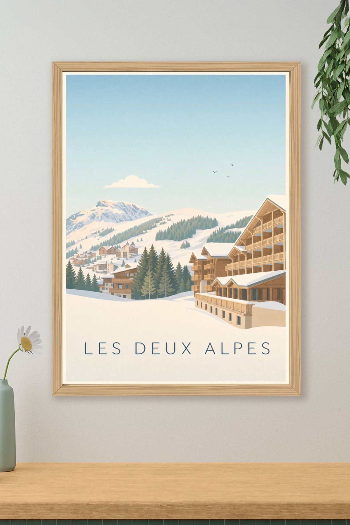 Affiche des Deux Alpes, poster chalets de bois