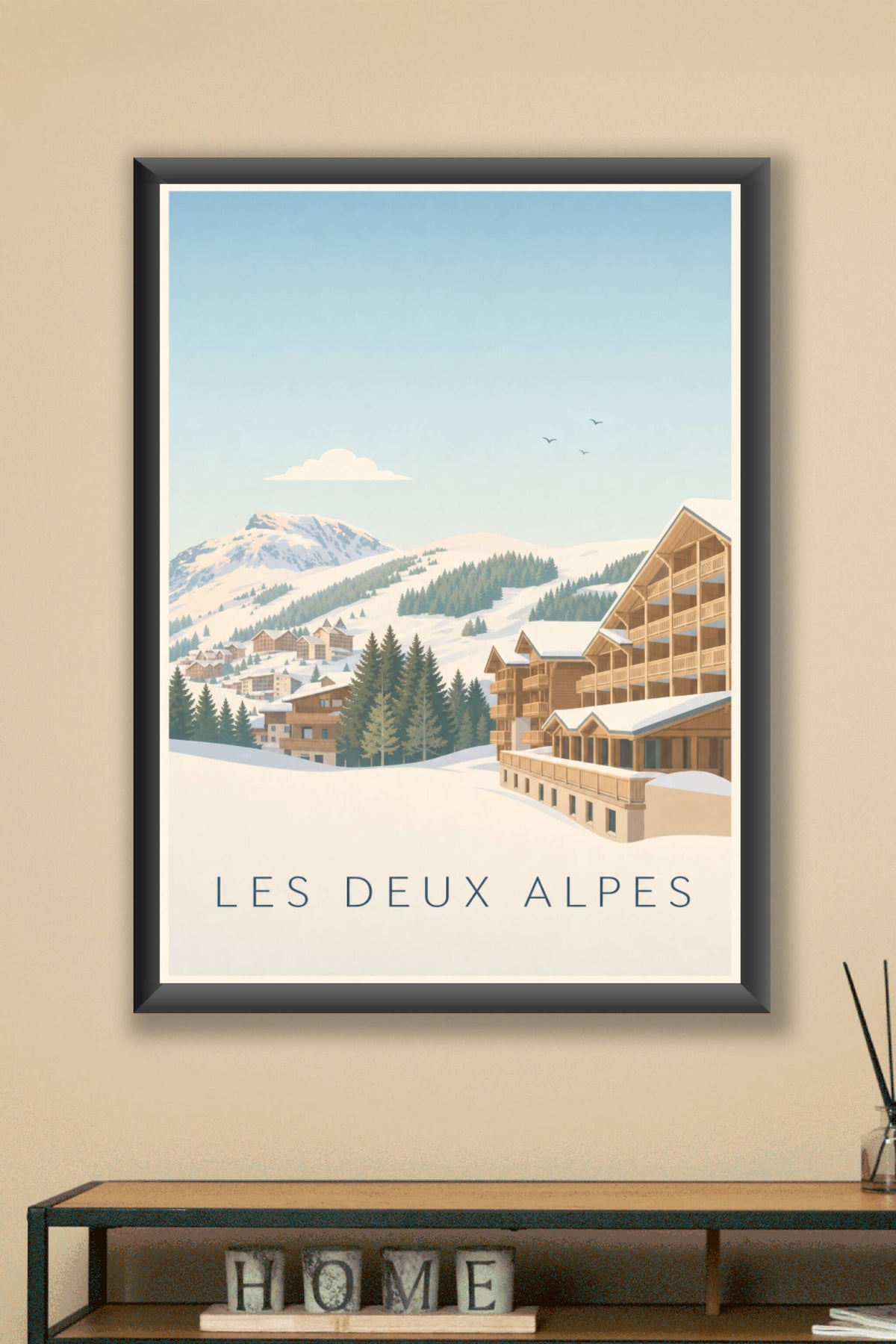 Affiche des Deux Alpes, poster chalets de bois