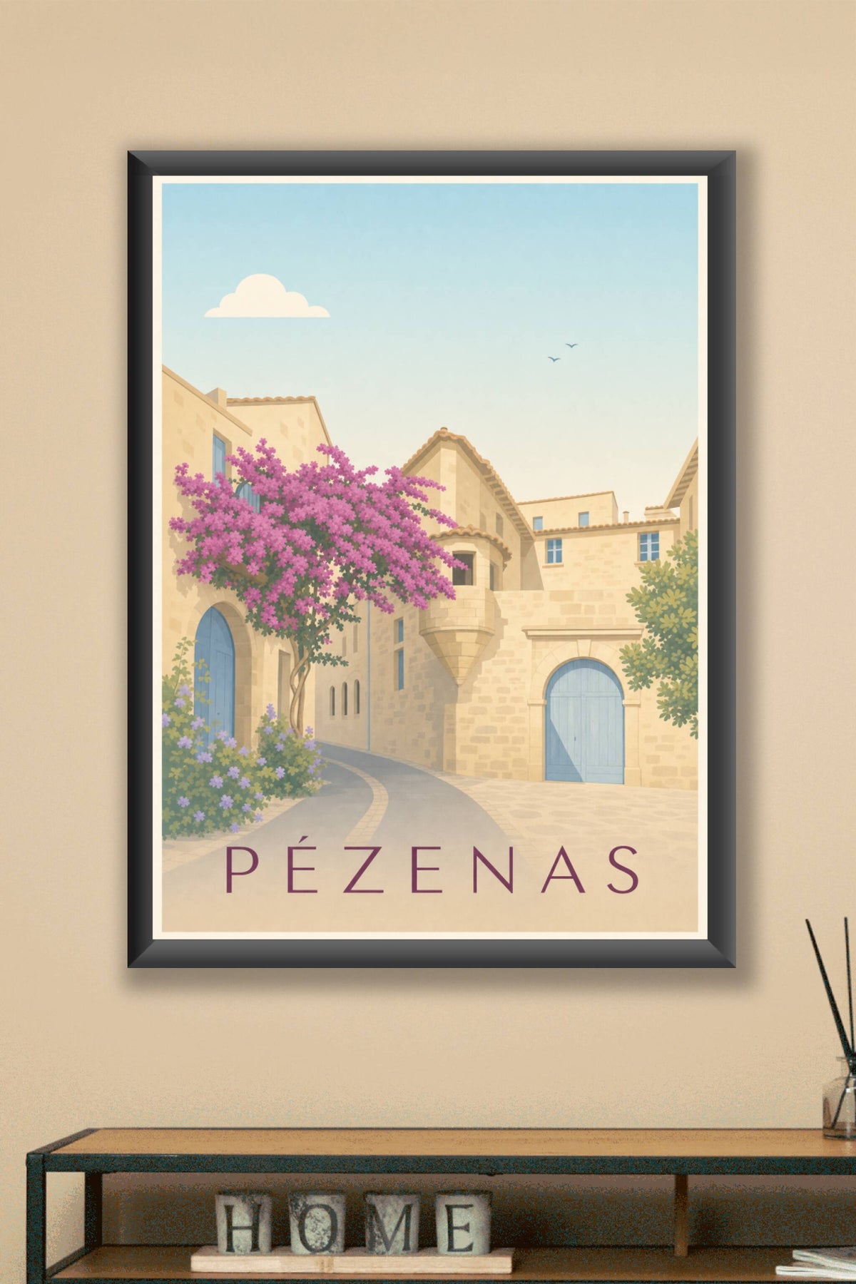 Affiche de Pézenas, poster ruelle fleurie
