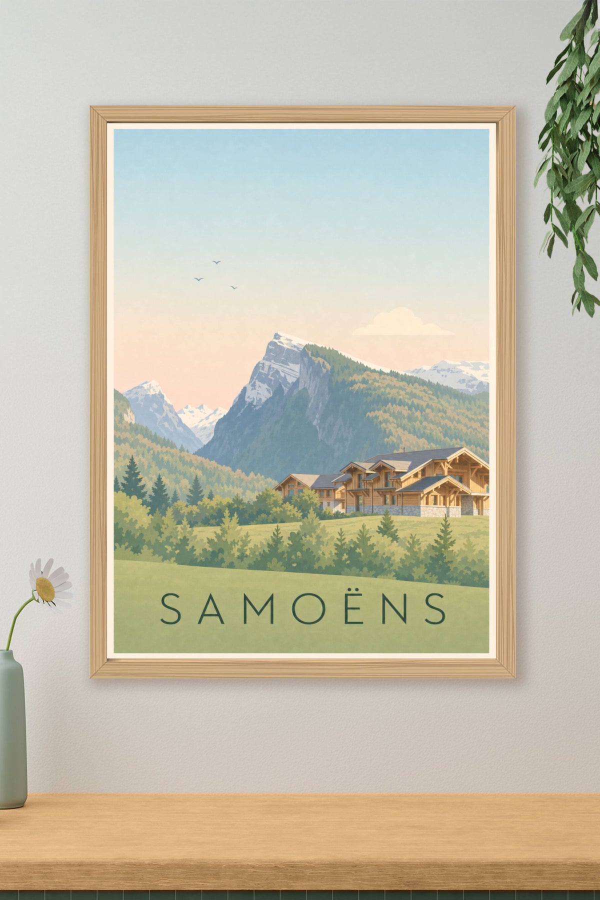 Affiche de Samoëns, poster chalet et montagnes
