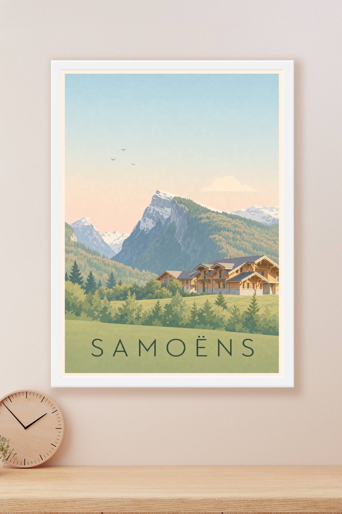 Affiche de Samoëns, poster chalet et montagnes