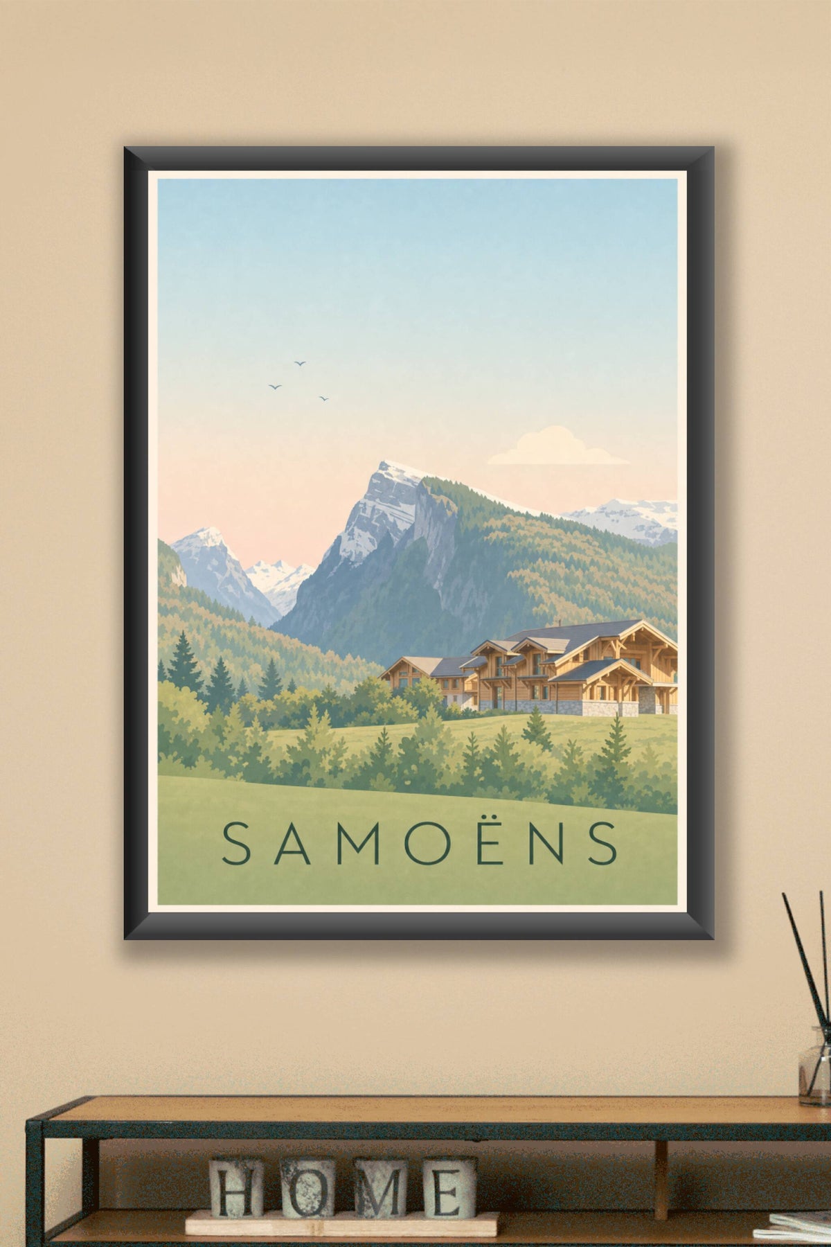 Affiche de Samoëns, poster chalet et montagnes