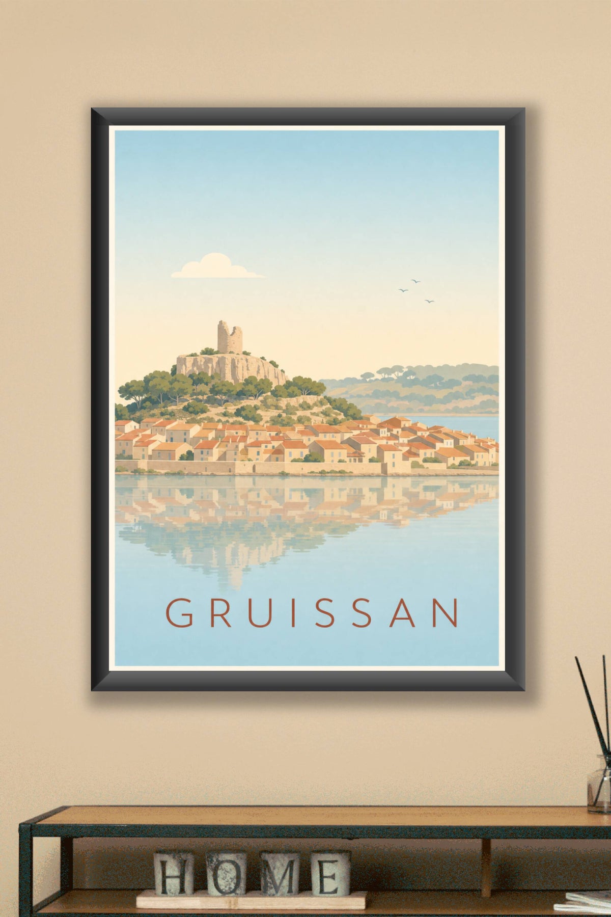 Affiche de Gruissan, poster village et étang