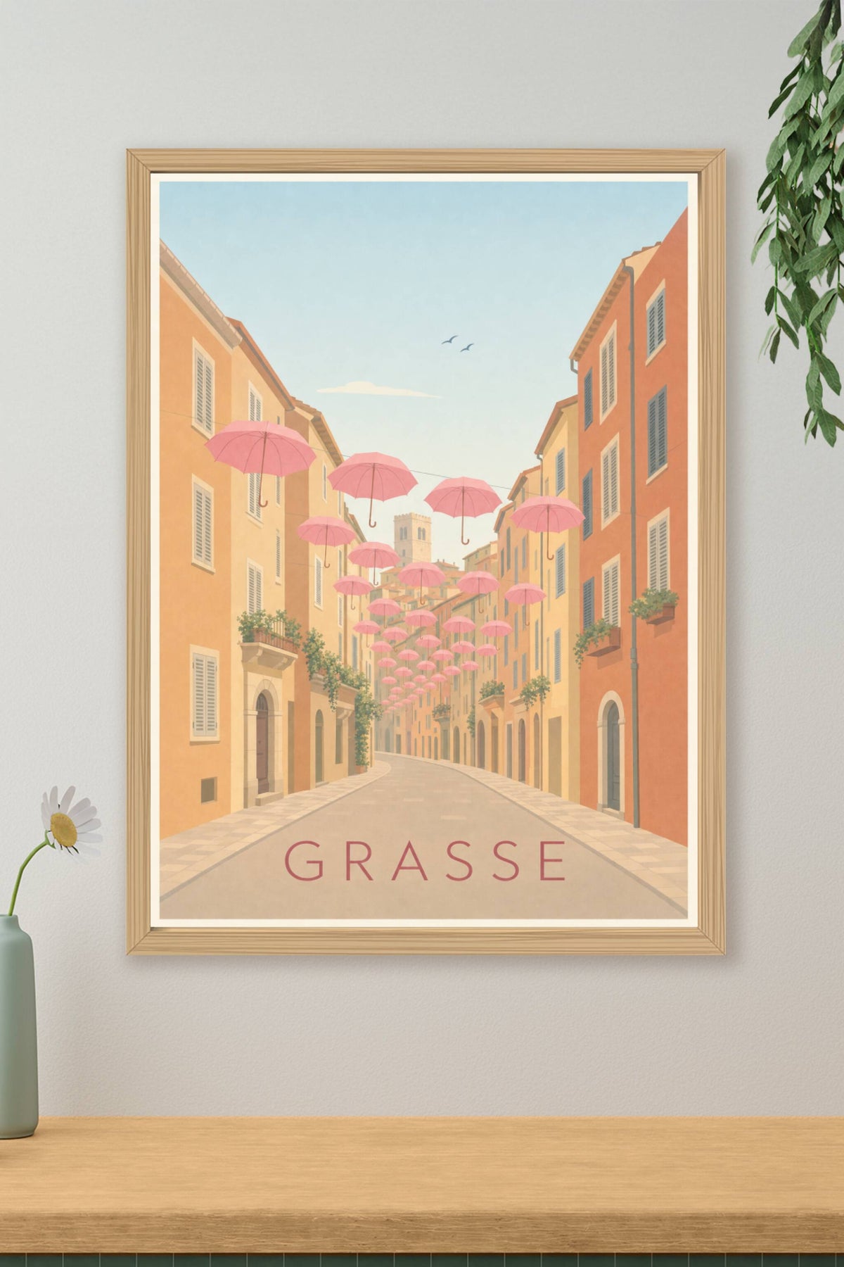 Affiche de Grasse, poster parapluies roses suspendus