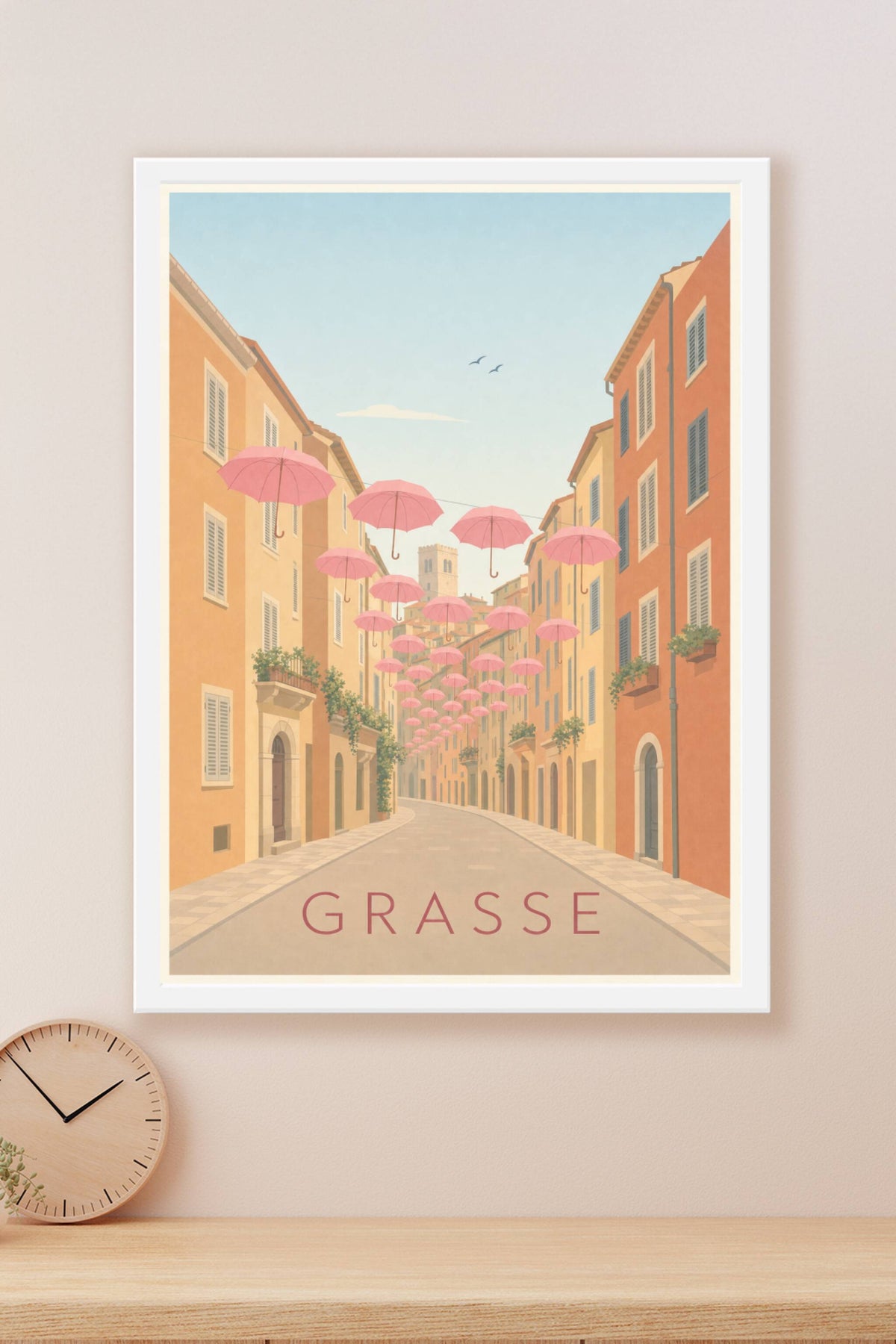 Affiche de Grasse, poster parapluies roses suspendus