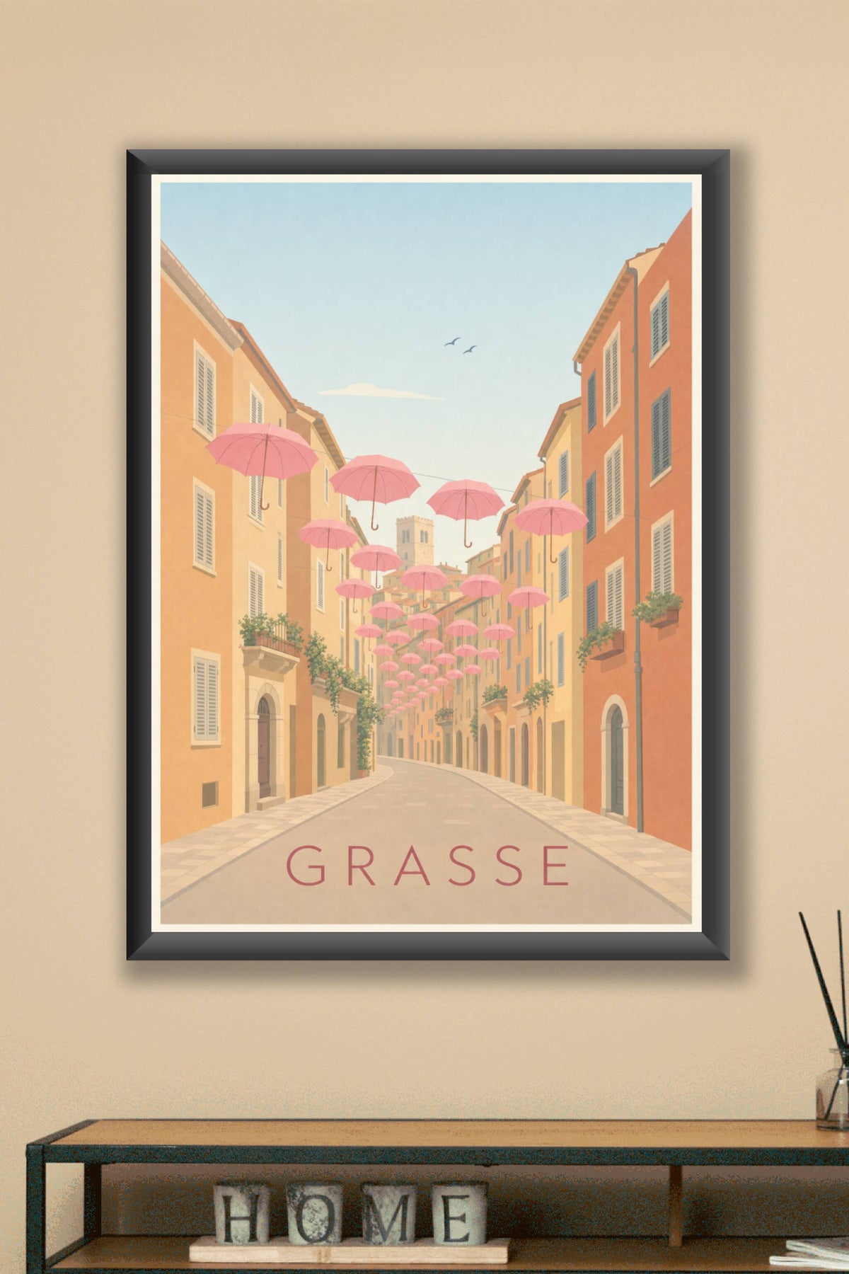Affiche de Grasse, poster parapluies roses suspendus
