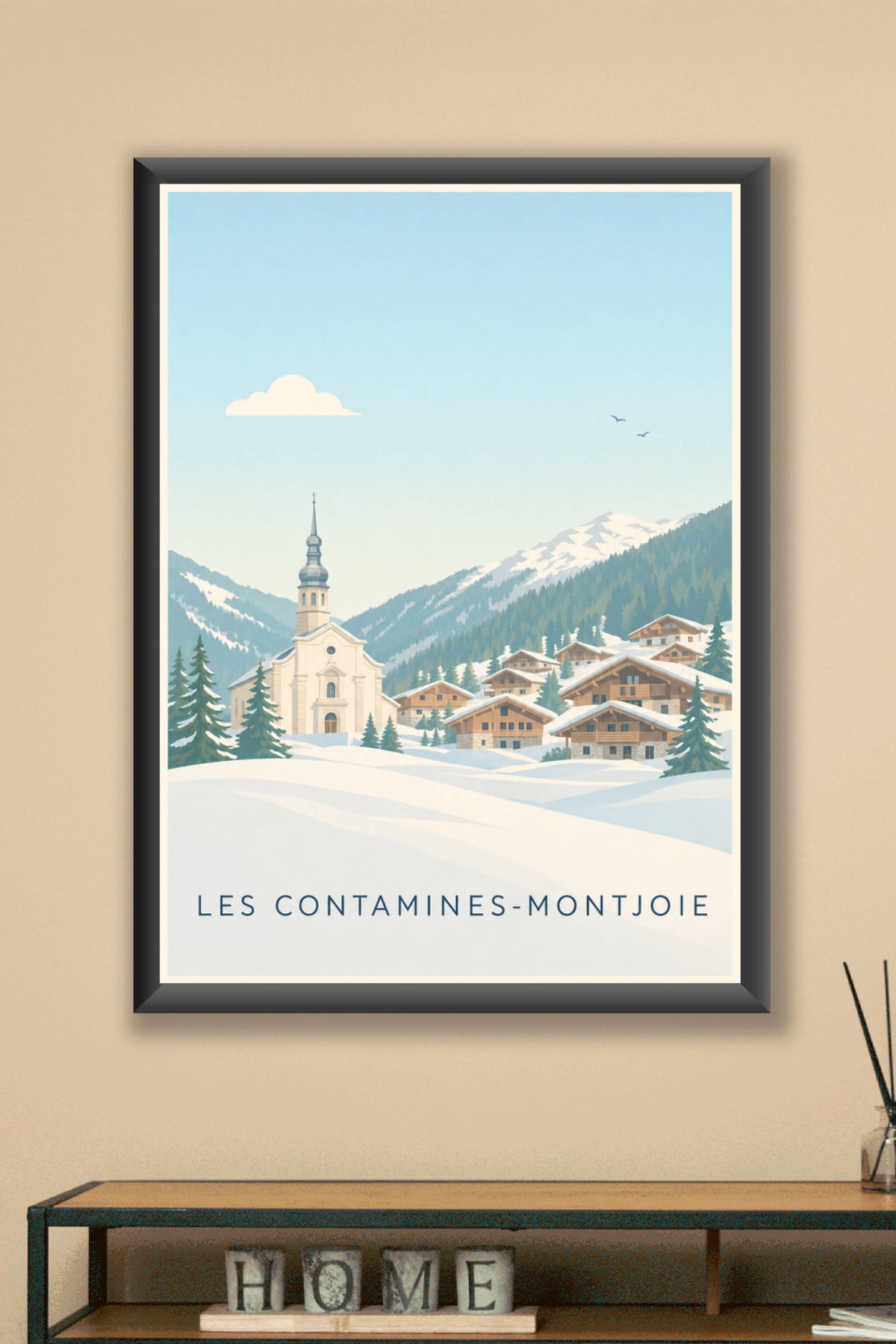 Affiche des Contamines-Montjoie, poster village enneigé