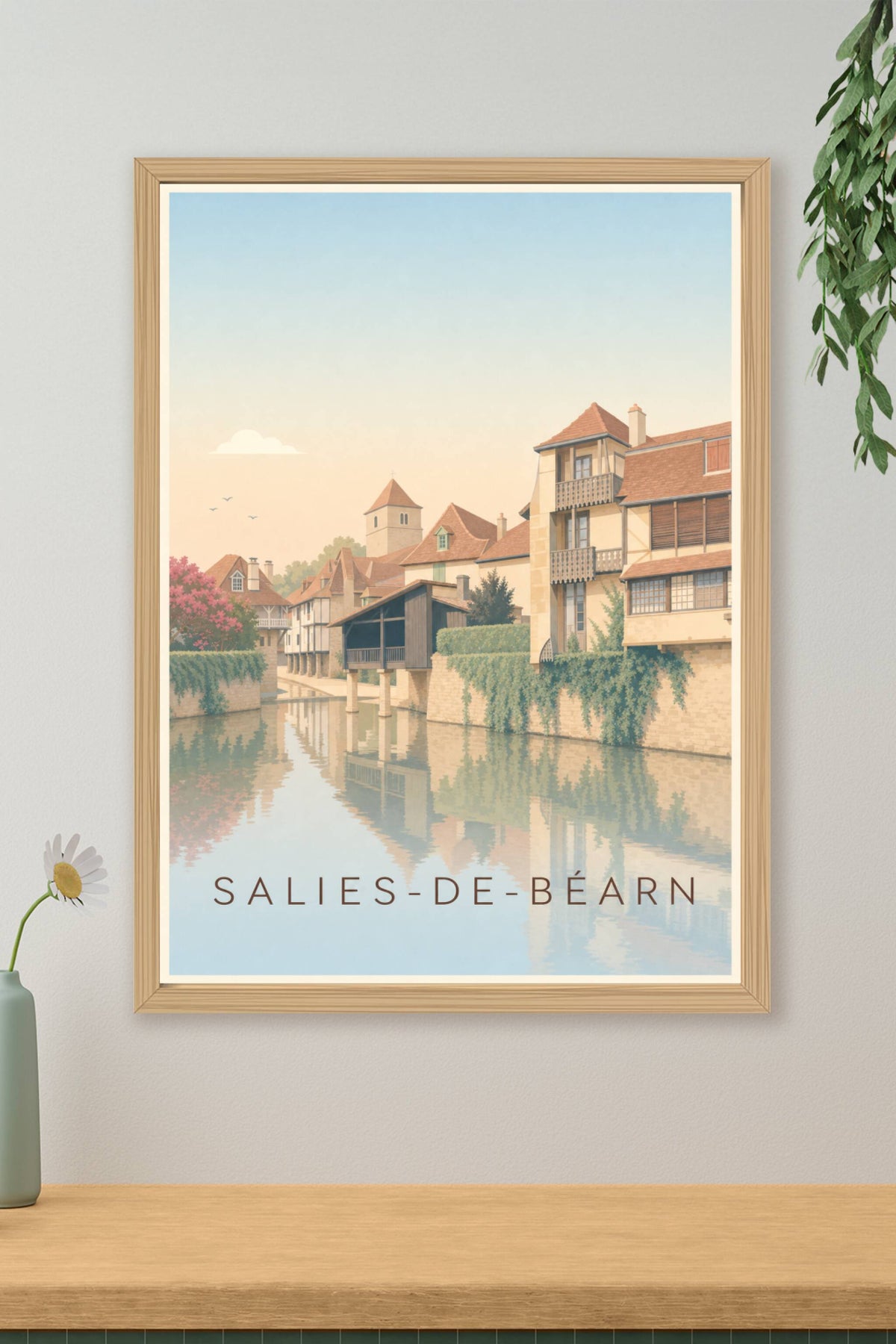 Poster Salies-de-Béarn, affiche maisons sur pilotis