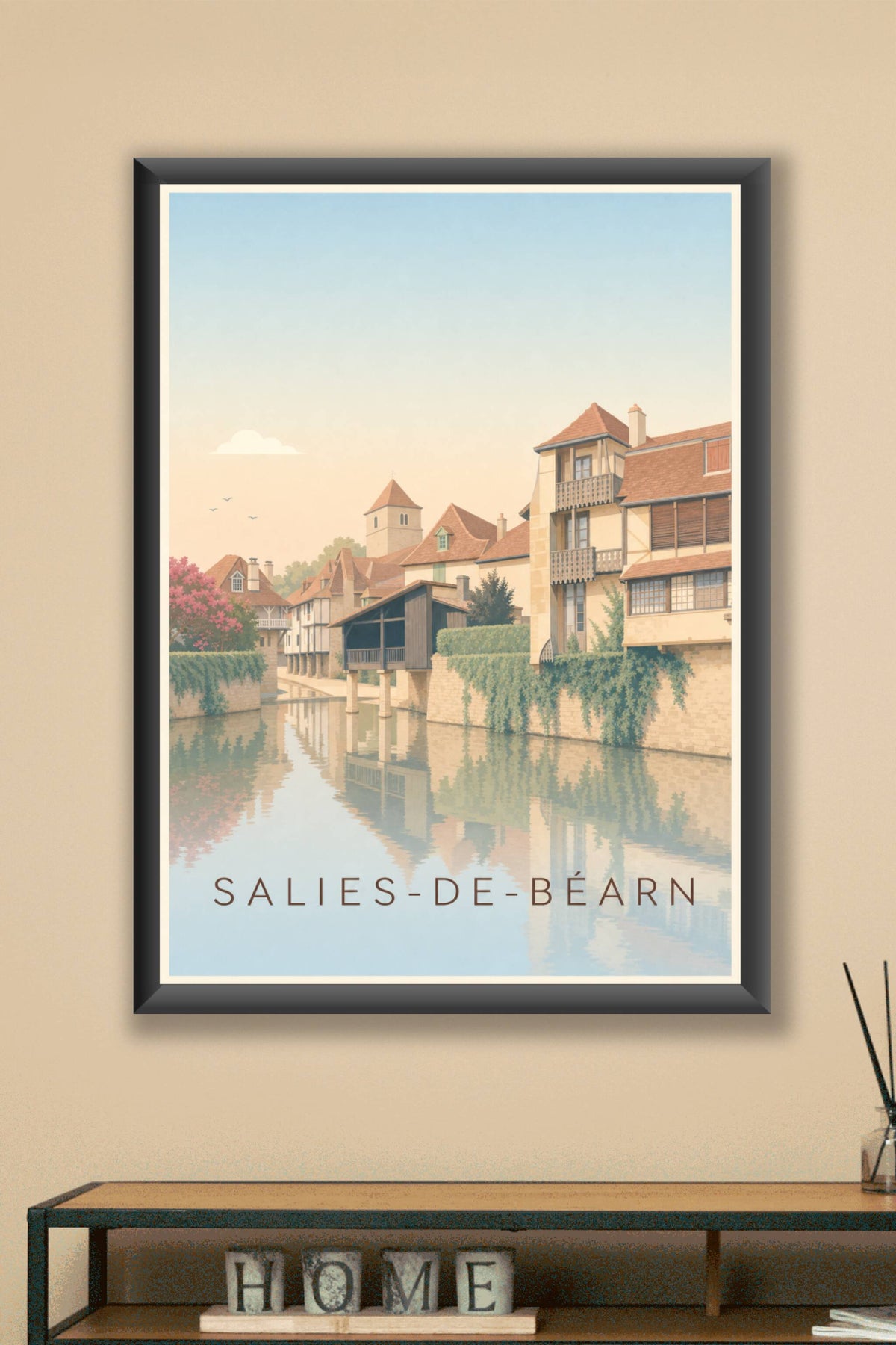 Poster Salies-de-Béarn, affiche maisons sur pilotis