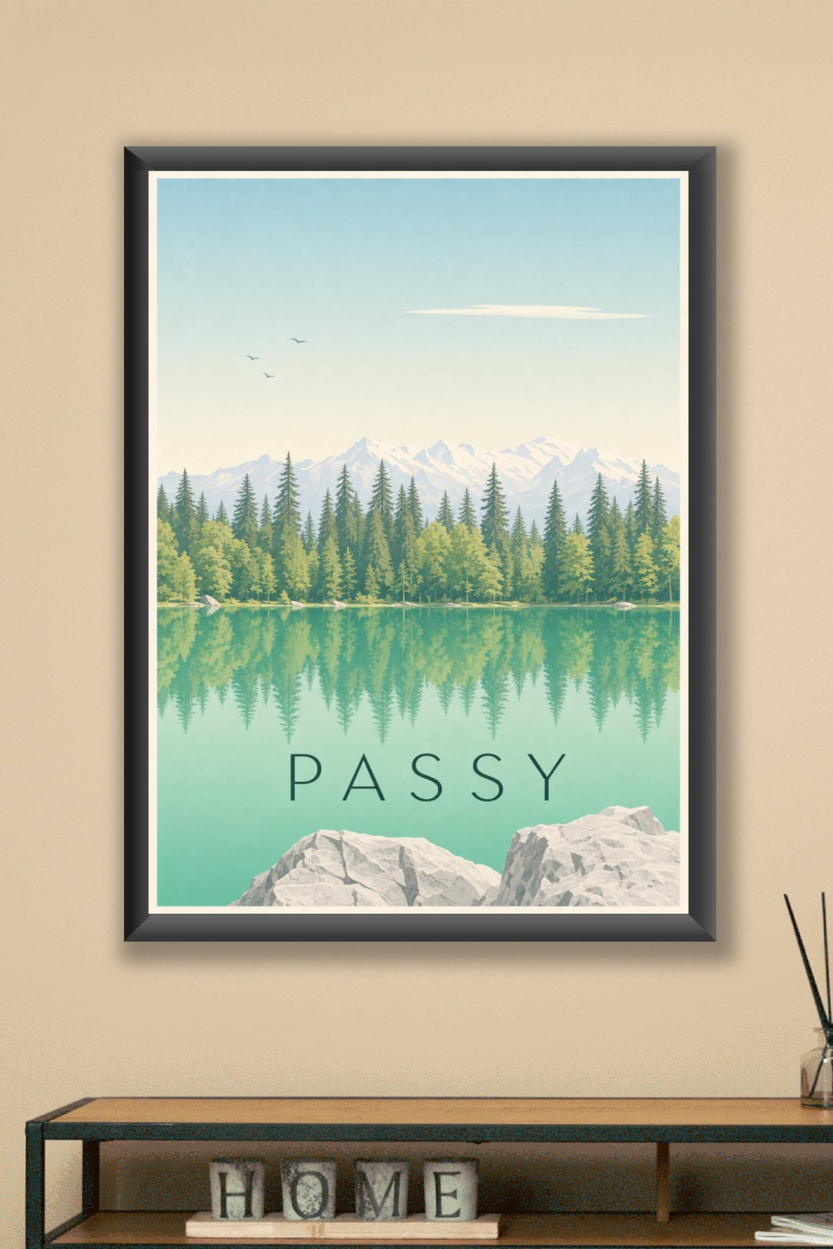 Affiche de Passy, poster du lac Vert et massif montagneux