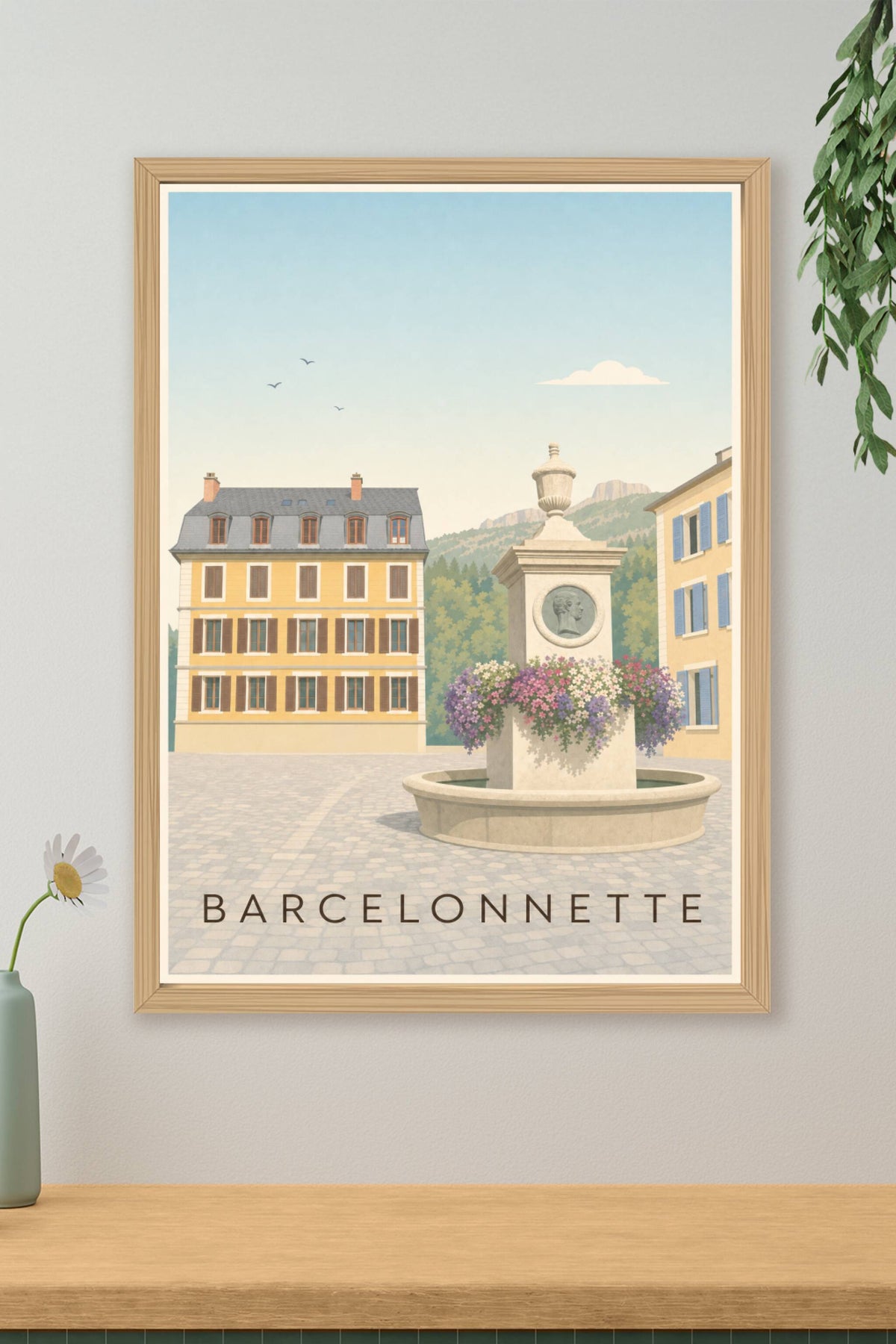 Affiche Barcelonnette, poster fontaine et montagnes