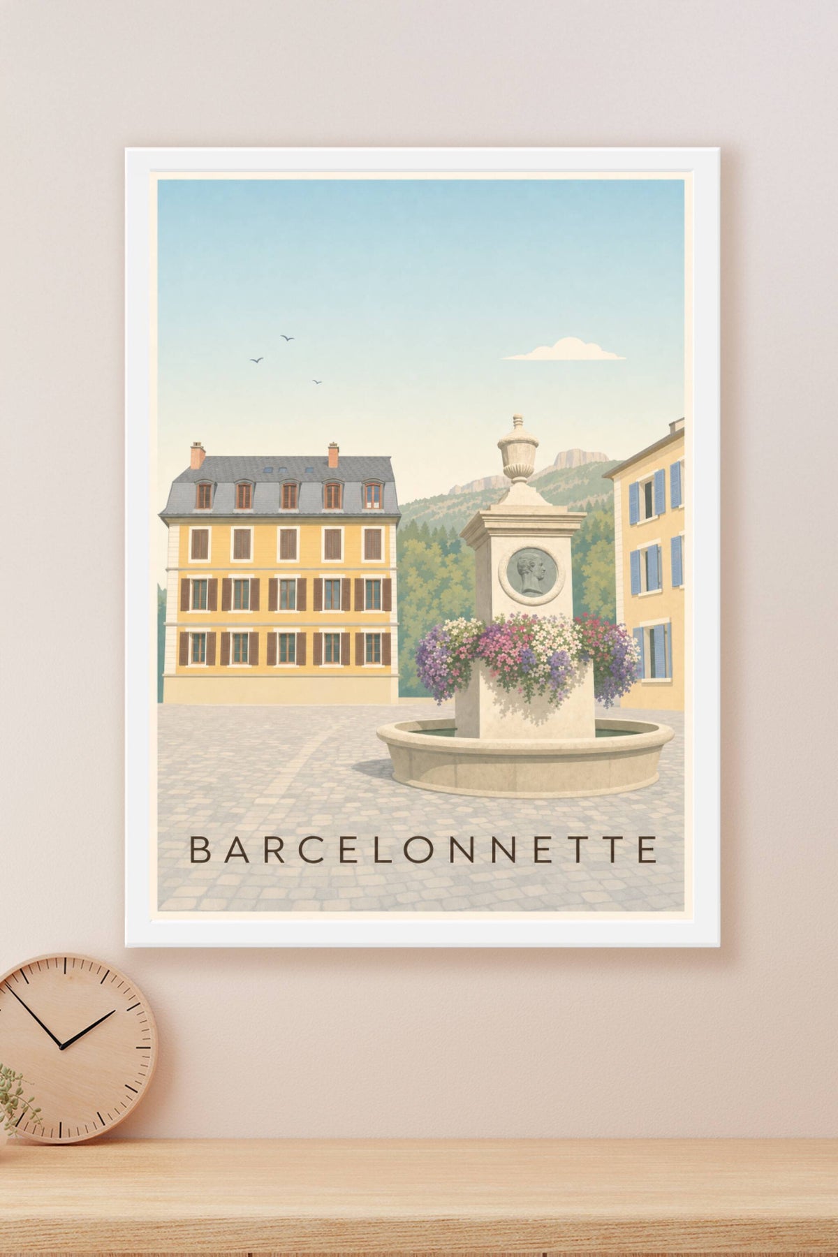 Affiche Barcelonnette, poster fontaine et montagnes