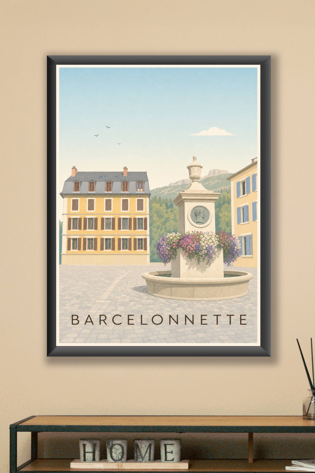 Affiche Barcelonnette, poster fontaine et montagnes