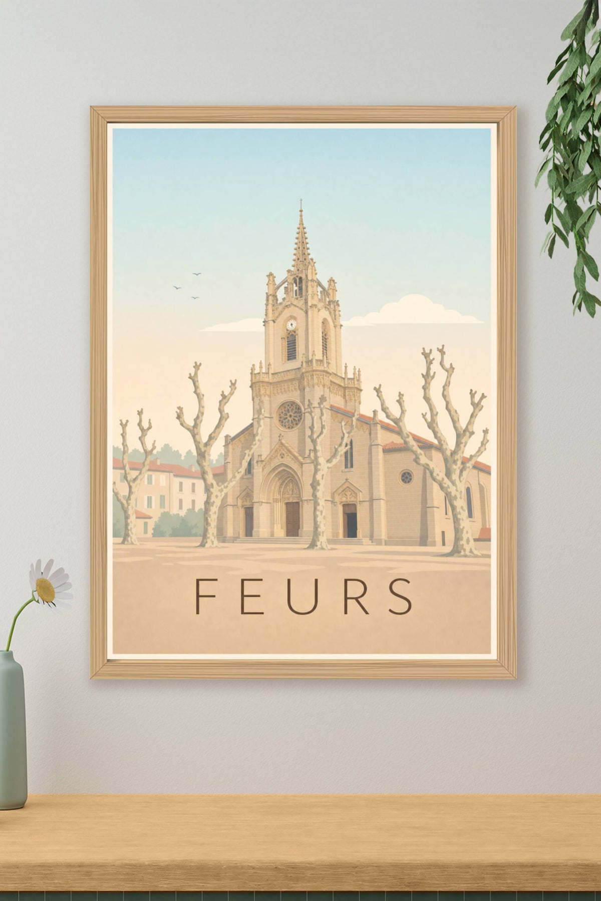 Affiche de Feurs, poster église et platanes