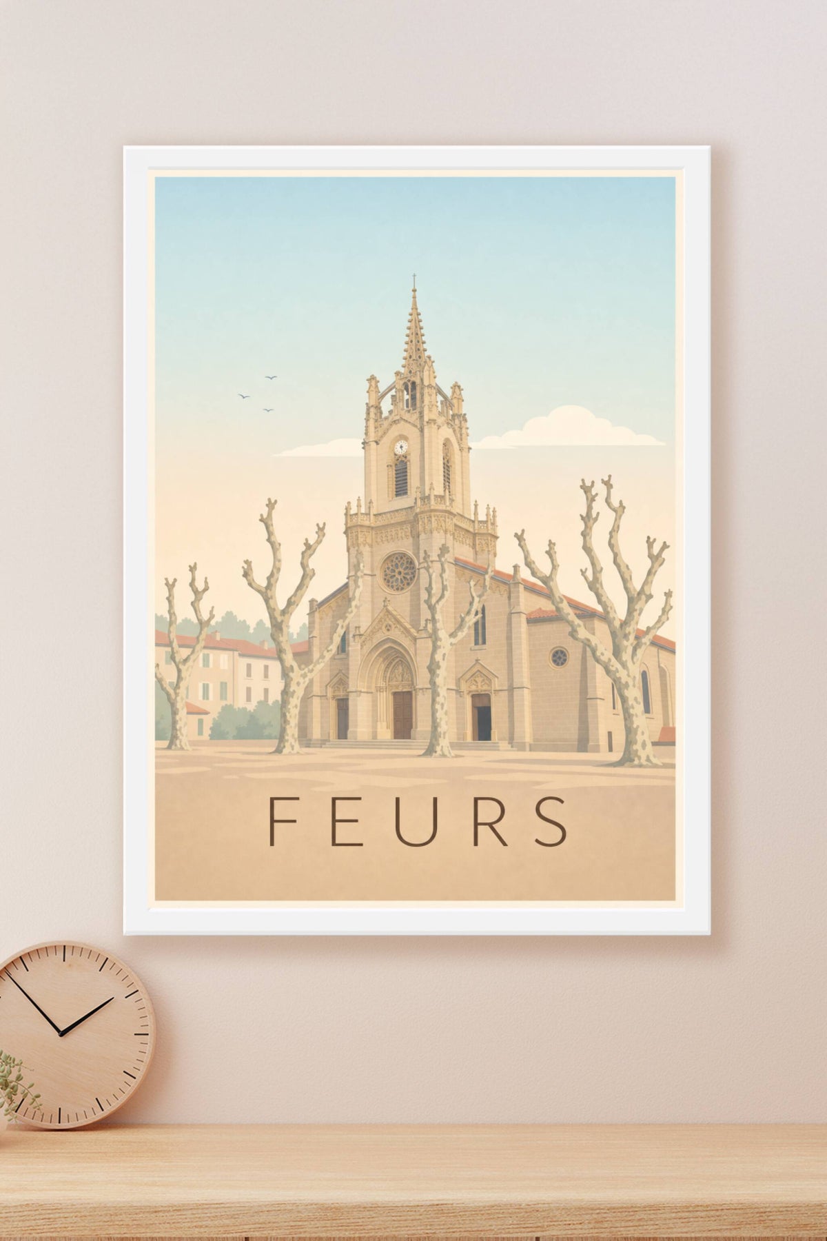 Affiche de Feurs, poster église et platanes