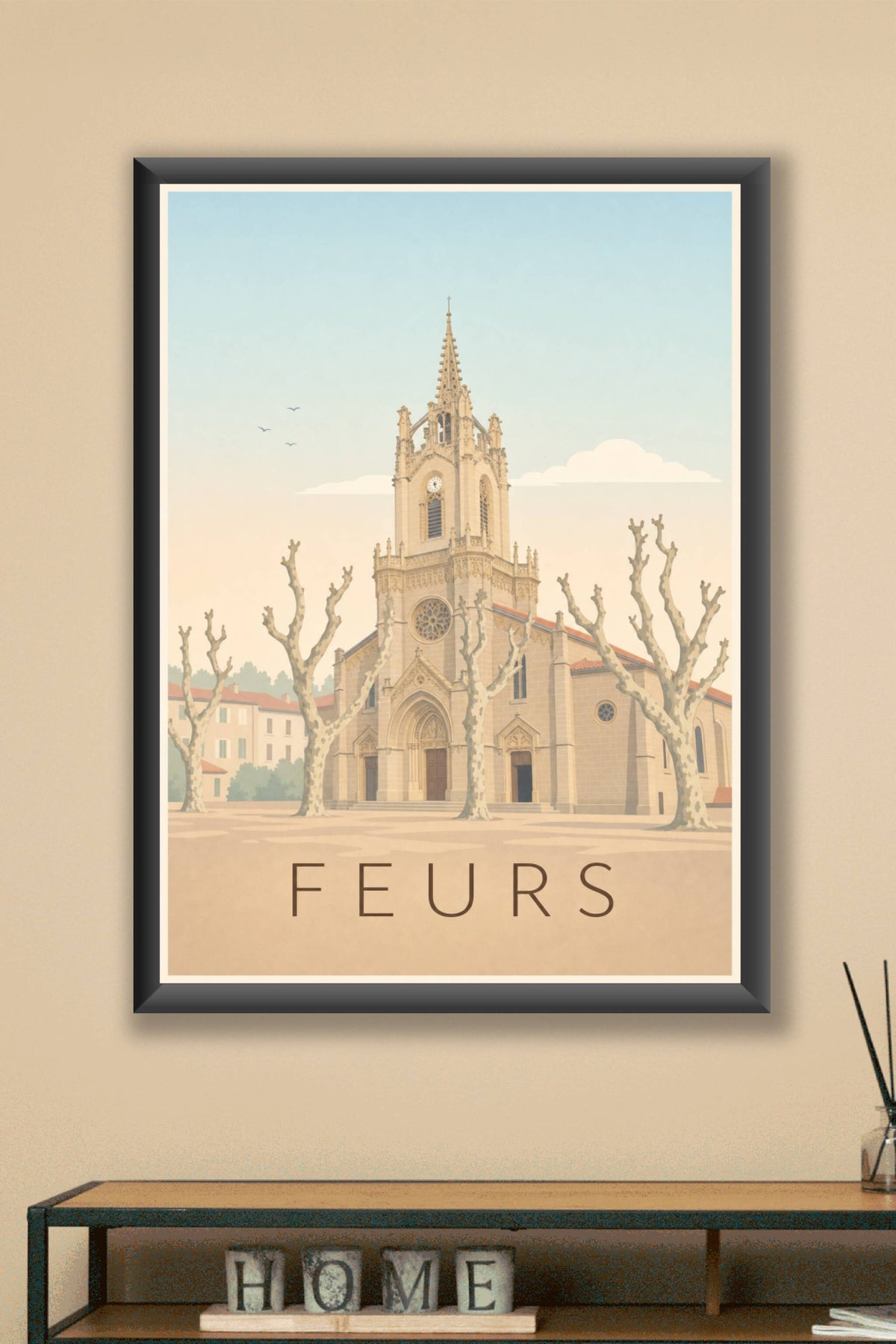 Affiche de Feurs, poster église et platanes