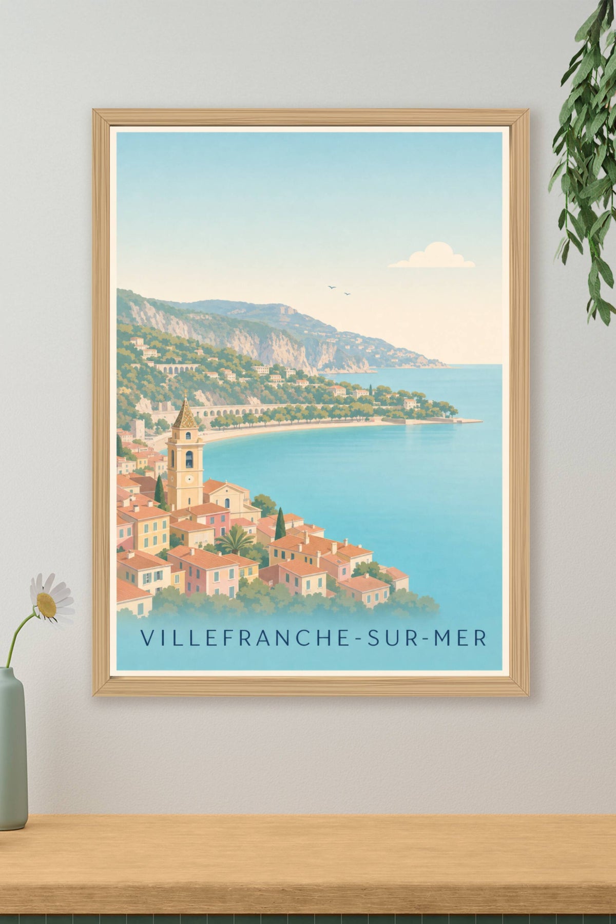 Affiche Villefranche-sur-Mer, poster clocher ocre
