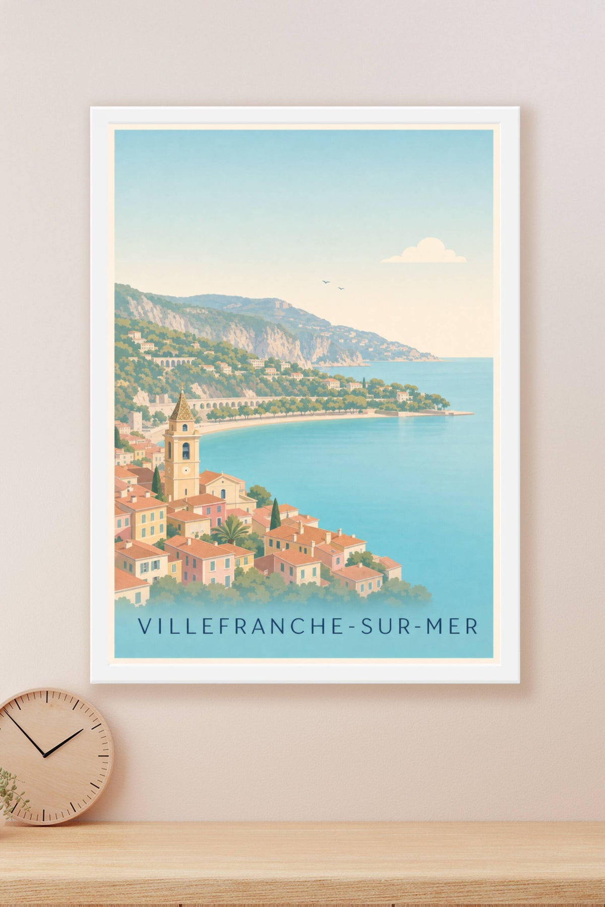 Affiche Villefranche-sur-Mer, poster clocher ocre
