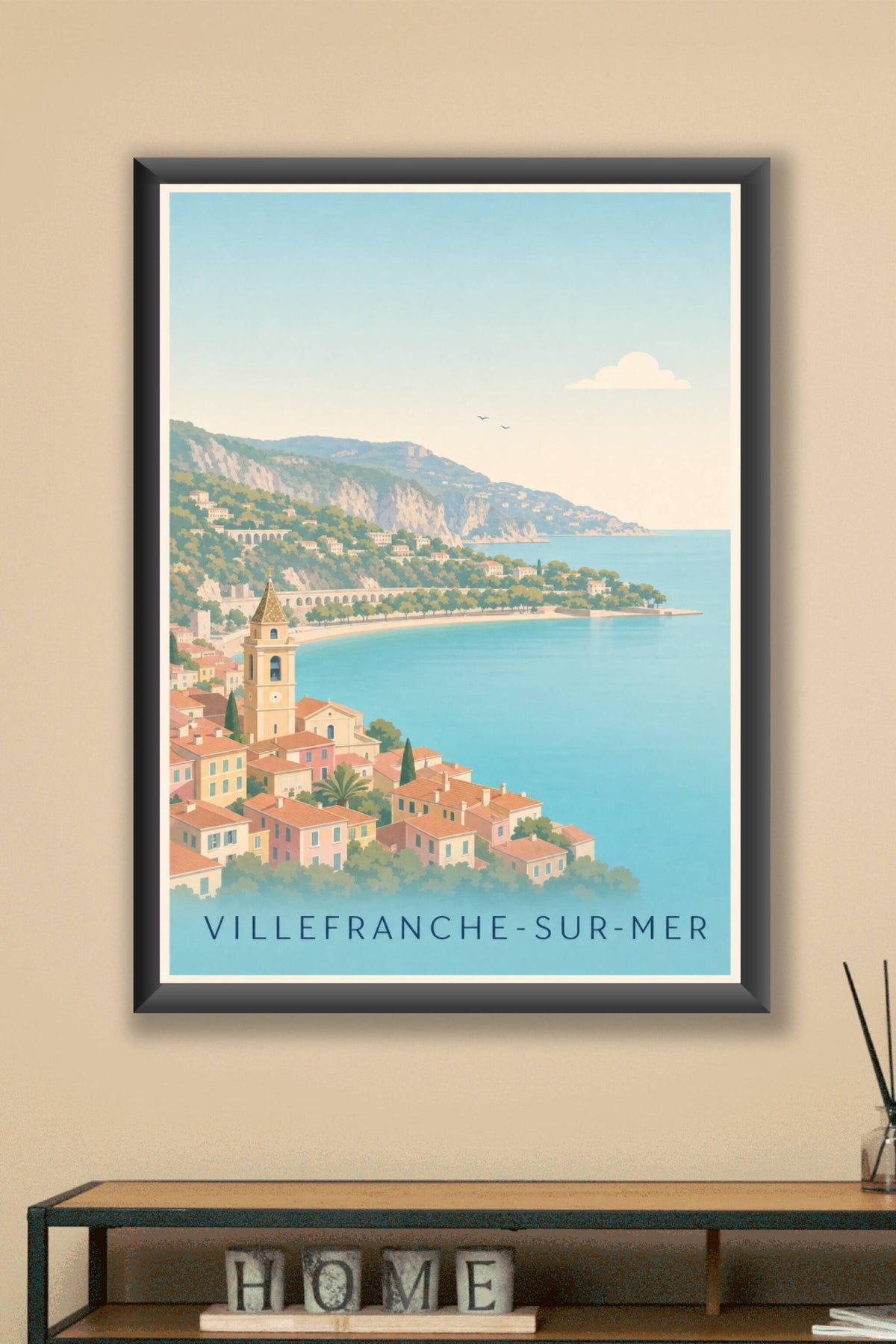 Affiche Villefranche-sur-Mer, poster clocher ocre