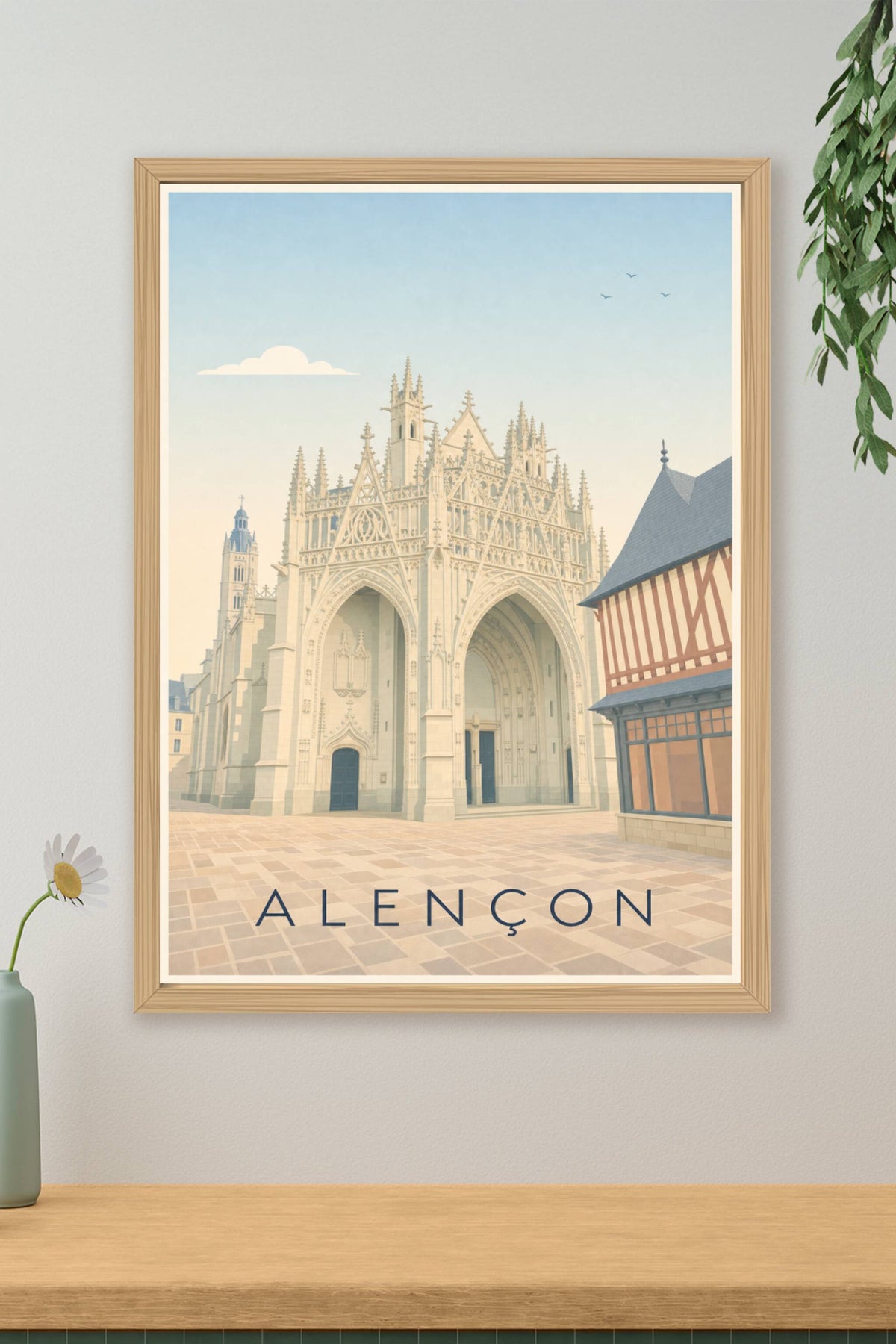 Affiche d'Alençon, poster Basilique et maison à pans de bois