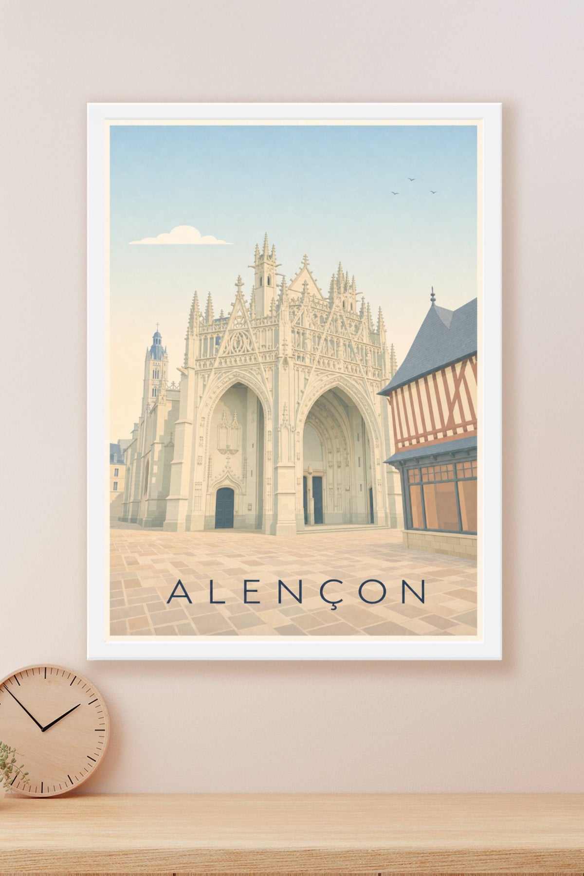 Affiche d'Alençon, poster Basilique et maison à pans de bois