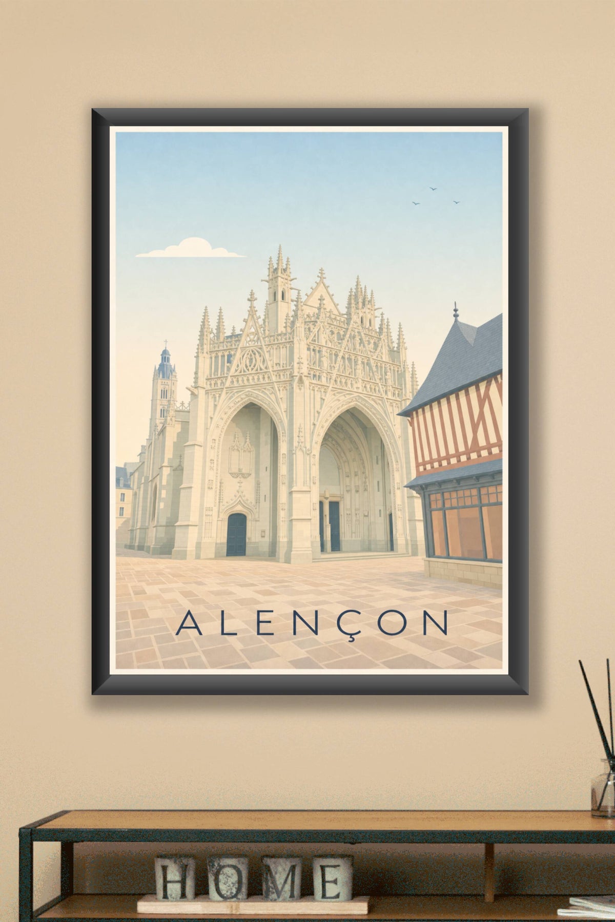 Affiche d'Alençon, poster Basilique et maison à pans de bois