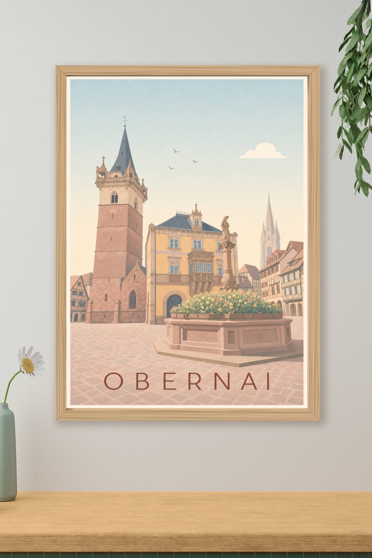 Affiche d'Obernai, poster du Beffroi et sa fontaine