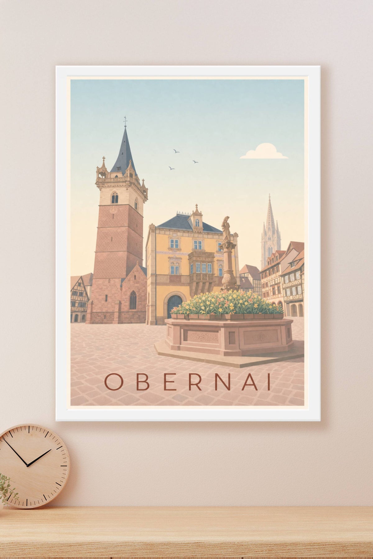 Affiche d'Obernai, poster du Beffroi et sa fontaine