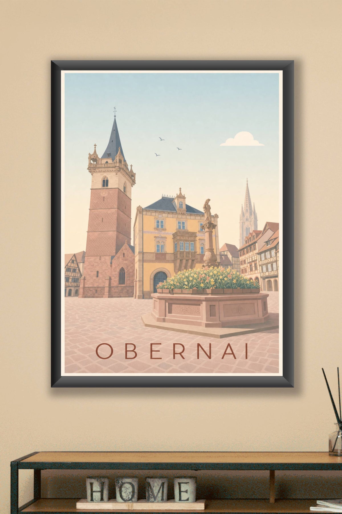 Affiche d'Obernai, poster du Beffroi et sa fontaine